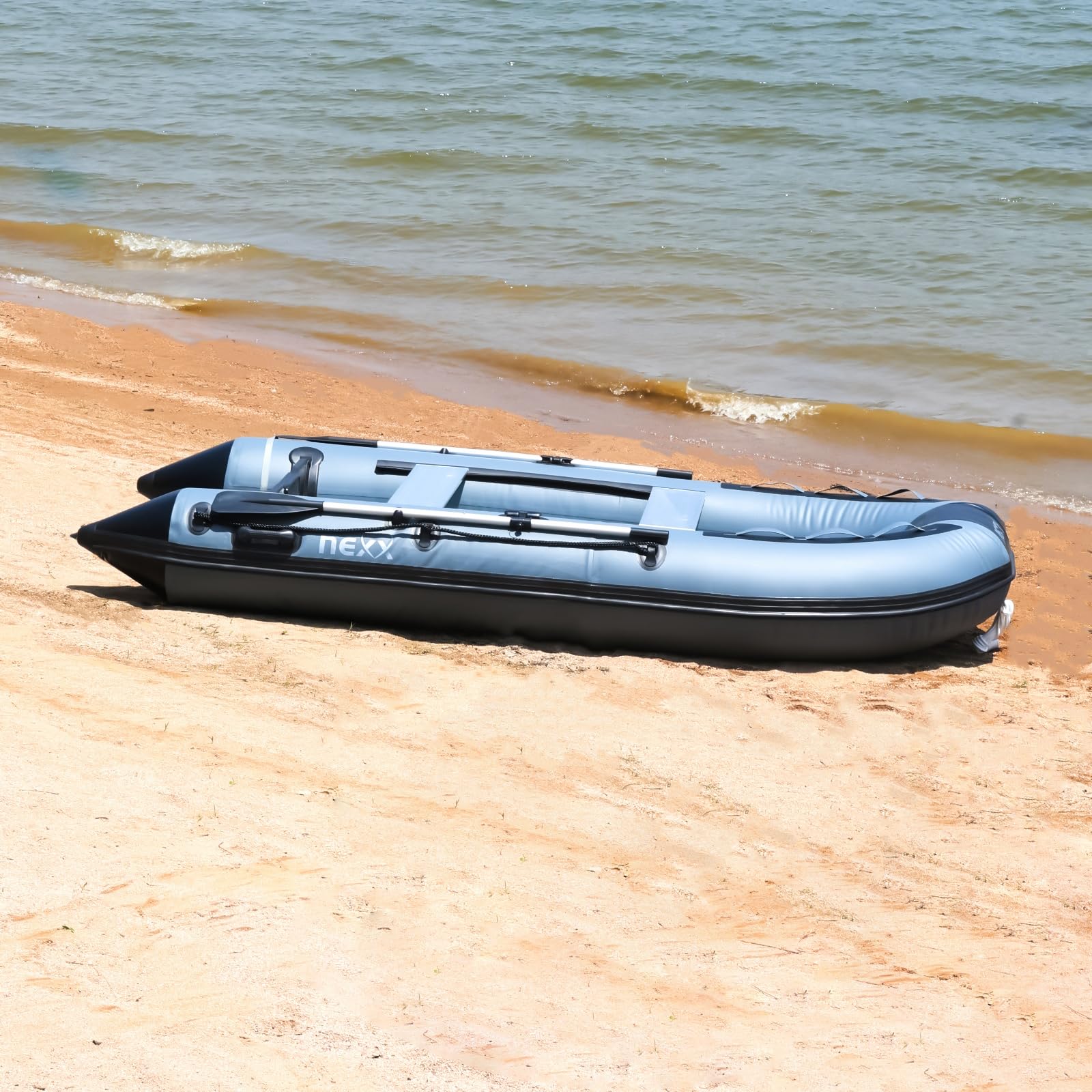 Barca sportiva professionale, gommone per pescatore, NEXX 330 cm con fondo in gomma - Canotto da pesca con borsa da trasporto, grigio chiaro - incl. 2 remi e kit di riparazione