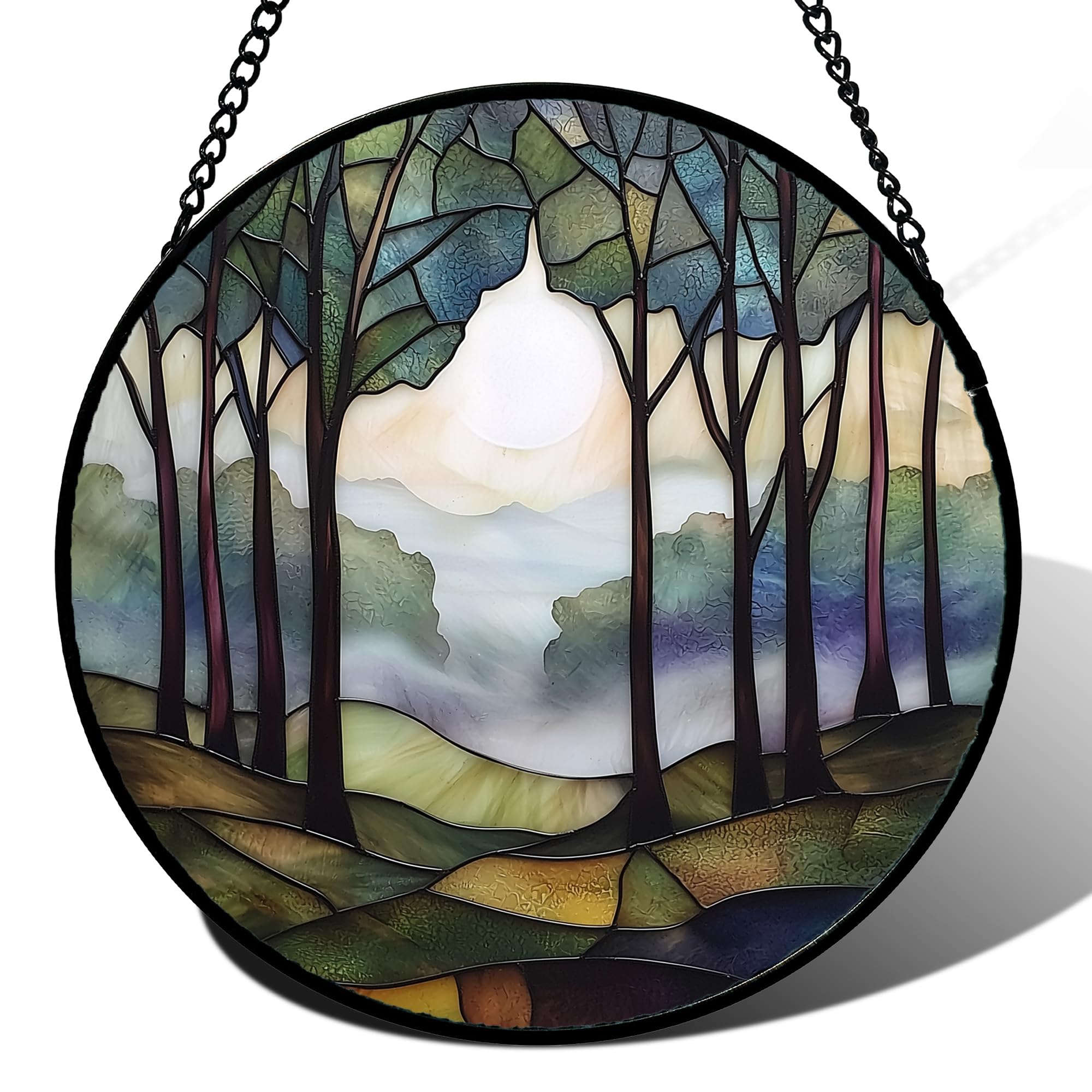 Forest Sunrise Stained Glass Window Hanging Suncatcher Gifts 9.8"