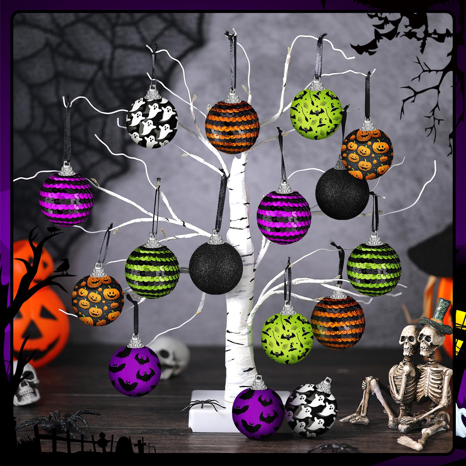 Zeyune 16 szt. Halloween bombki 5 cm brokatowe ozdoby choinkowe na Halloween z cekinami dekoracje choinkowe na imprezę Halloween wisząca dekoracja