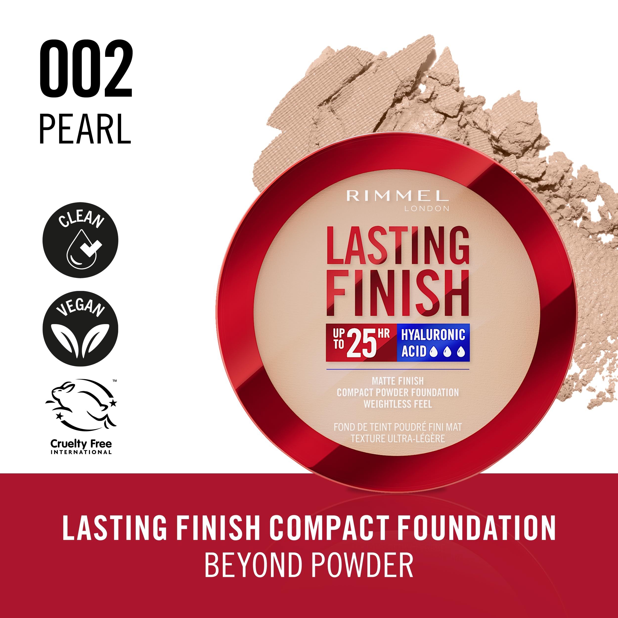 Rimmel Lasting Finish 25 HR Compact Foundation 002 Pearl, Matte Buildable Coverage, Powder-to-Cream, Anti-Pollution Shields - Image 2