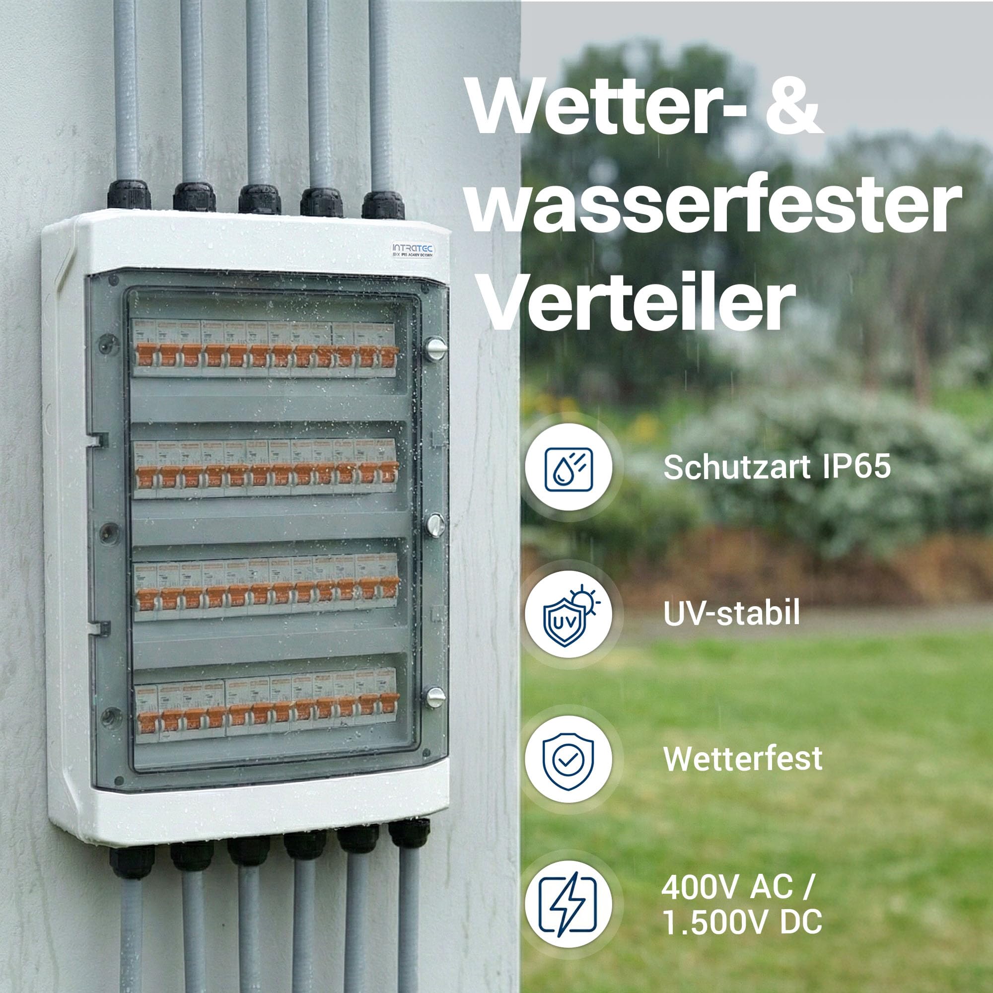 Intratec Verteilerkasten Aufputz 4 reihig – IP65 Sicherungskasten für 48 Module – Feuchtraum Verteiler für Garten, Keller, Garage & Außenbereich – 400VAC 1500VDC Kleinverteiler, 663 x 319 x 144 mm