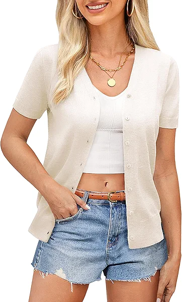 GRACE KARIN Women's White Summer Cardigan Short Sleeve Open Front Cardigan Sweater Button Down Shirts(White,L)