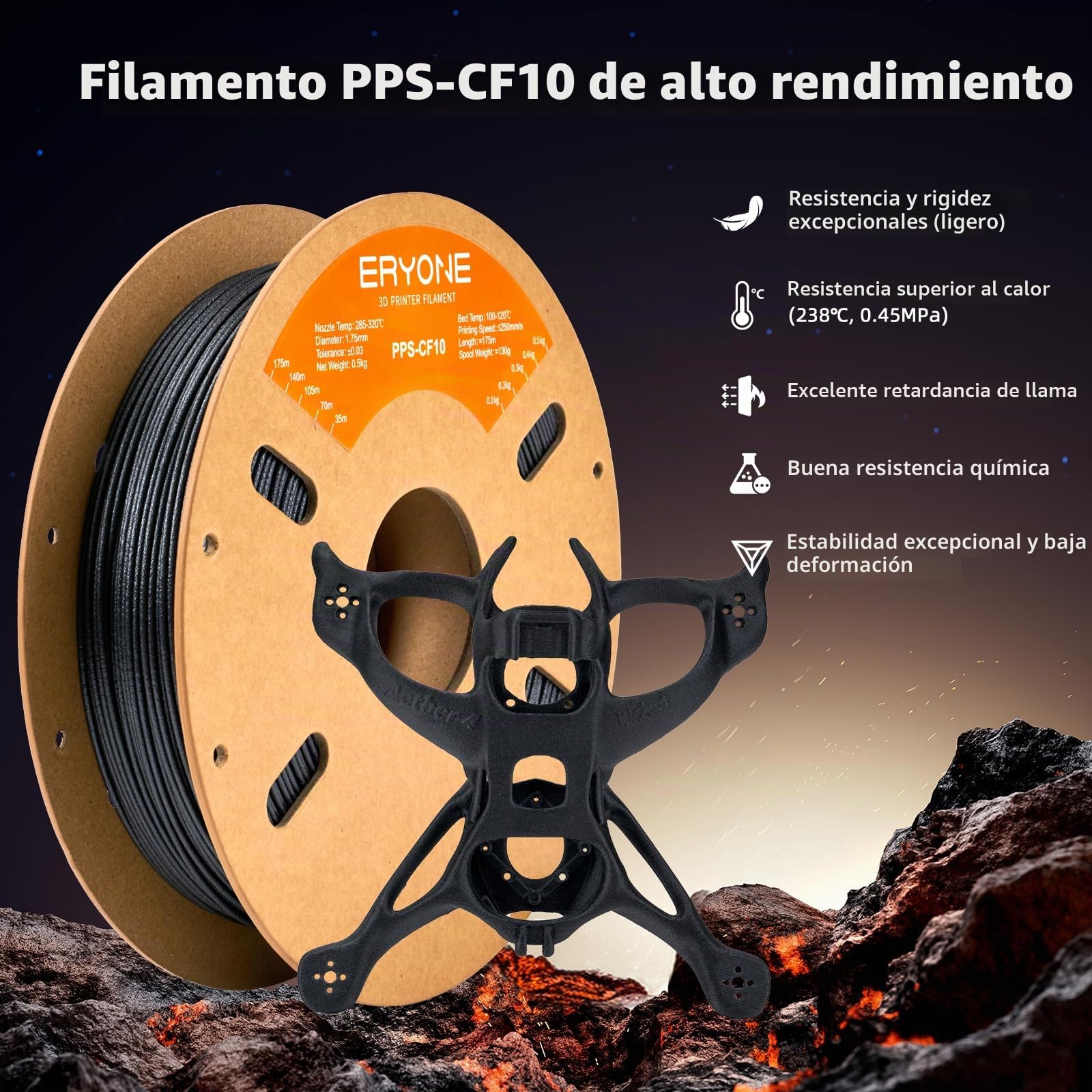 ERYONE Fiberon PPS-CF10 Filament 1.75mm 0.5kg, Extreme Heat Resistance - Fiberon Carbon Fiber Reinforced PPS 3D Printing Filament Ideal for Molding, Black