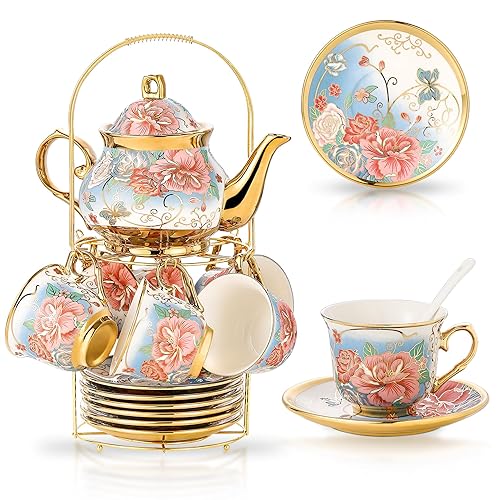20 Pieces Porcelain Tea Set With Metal Holder, European Ceramic tea set for adults,Flower Tea Set,Tea Set For Women With Flower Painting (VIVID BLUE, Largr Vision) - Large version - VIVID BLUE