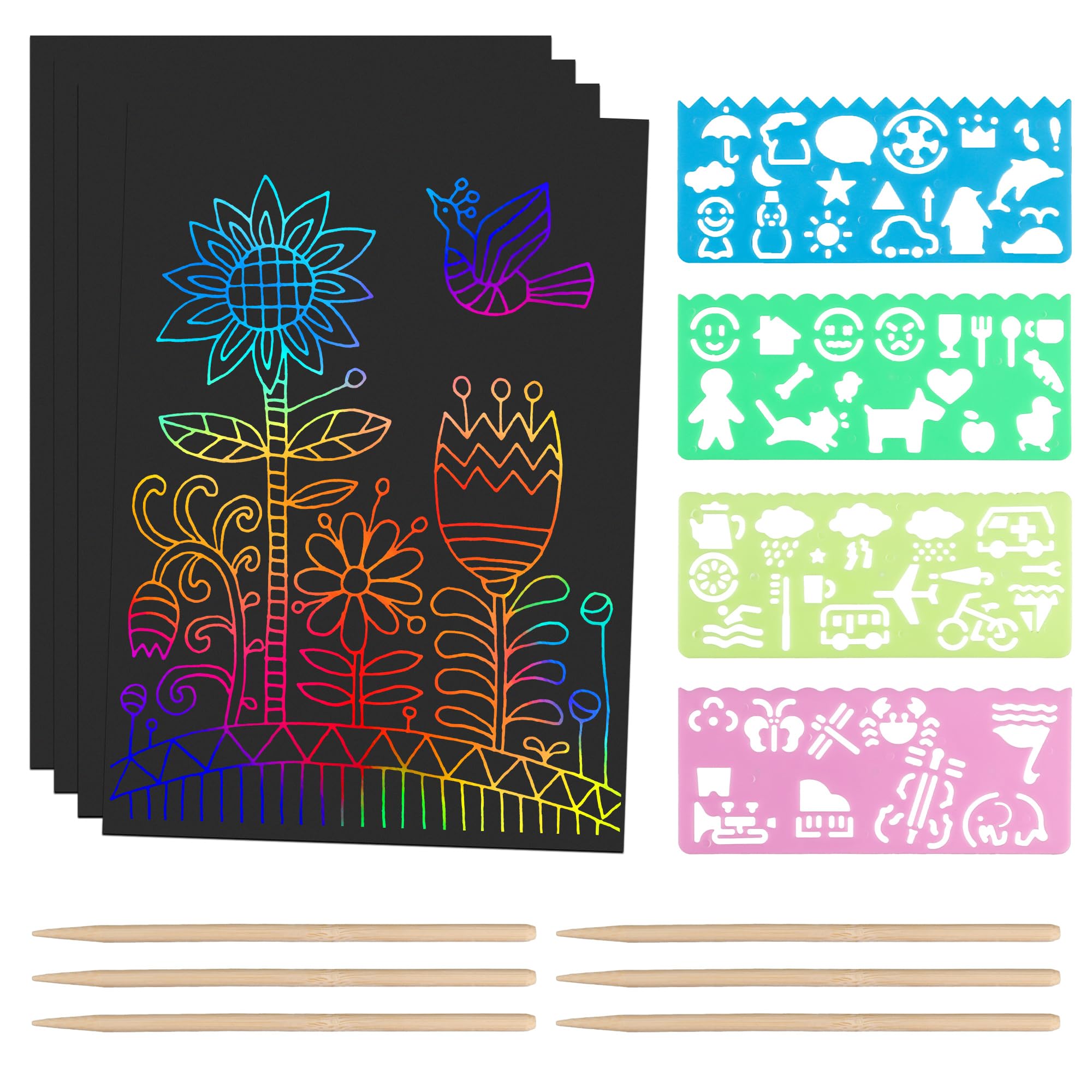 BELLALICHT 60 Pieces Scratch Pictures for Children, Rainbow Magic Scratch Paper Sheets, 6 Wooden Pens, 4 Painting Stencils, Colouring Book Magic Scratch Book, Scratch Paper Set for Drawing and Crafts