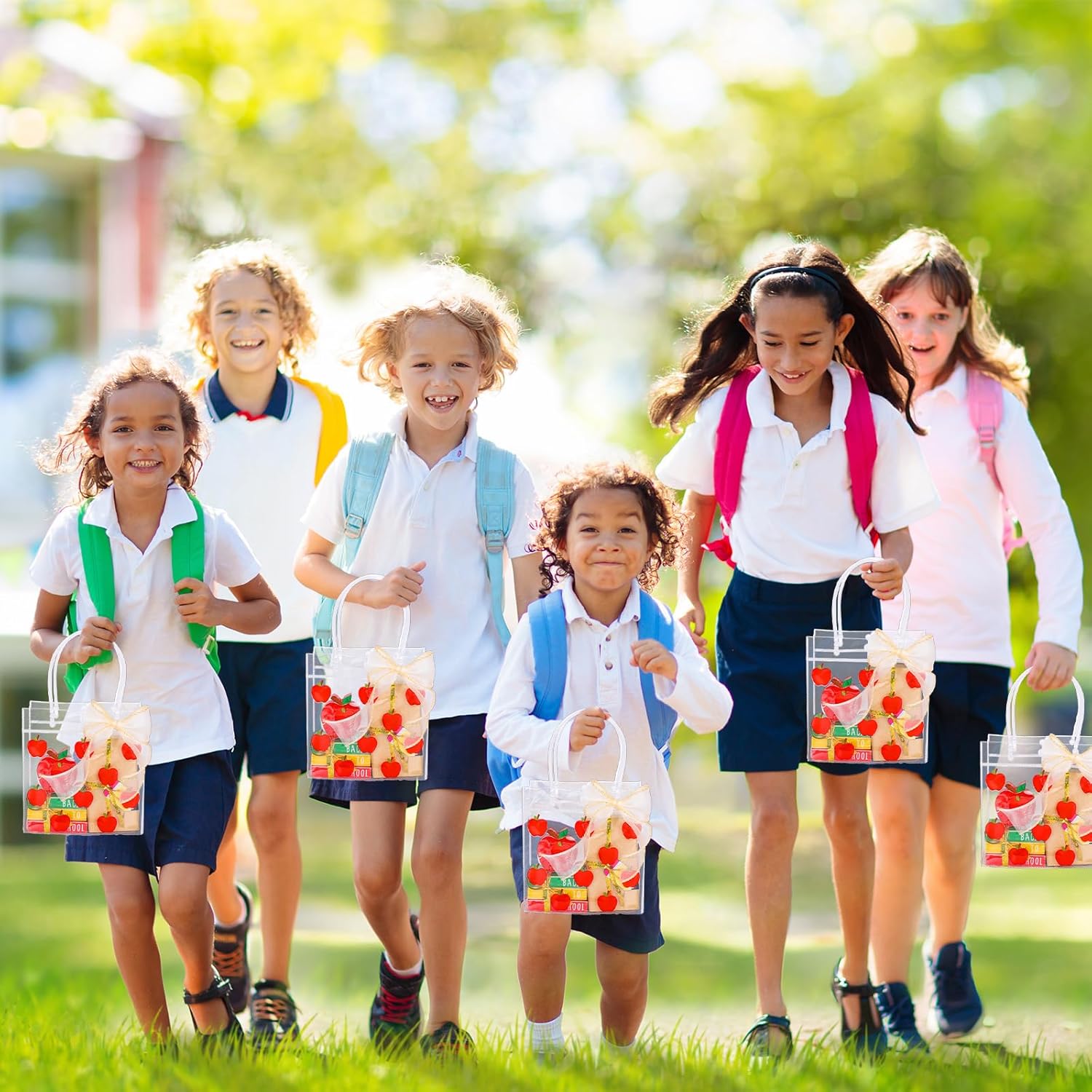 FYSUIMU 12 Pcs Back to School Clear PVC Gift Bags Red Apples Fruit Party Favor Bags with Handles Treat Tote Bag with Ribbon for First Day of School Birthday Baby Shower - Image 6