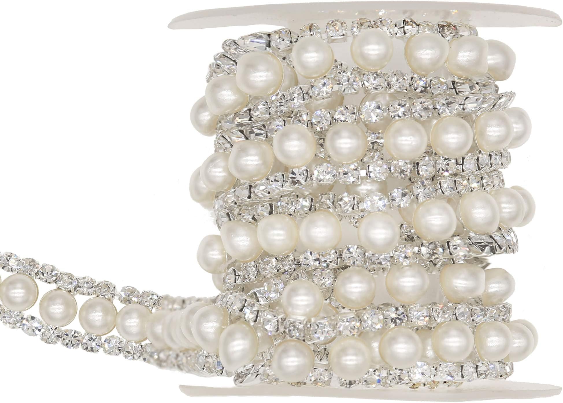 XIAOTAI Rhinestone Trims 5 Yards 2 Rows Silver Close Chain Banding Diamond Inlaid White Pearl Beaded for Clothing and Bridal Bouquet Embellishments Exquisite Wedding Ideas