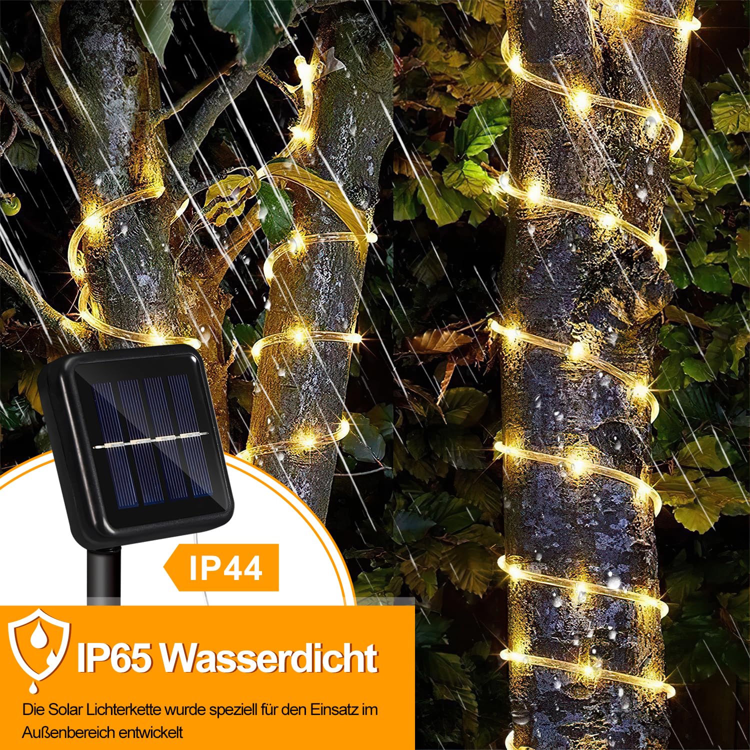 Cadena de luces solares para exteriores, IP65, resistente al agua, 20 m, 200 ledes, blanco cálido, decoración solar, 8 modos, manguera LED para jardín, balcón, boda, fiesta, árbol