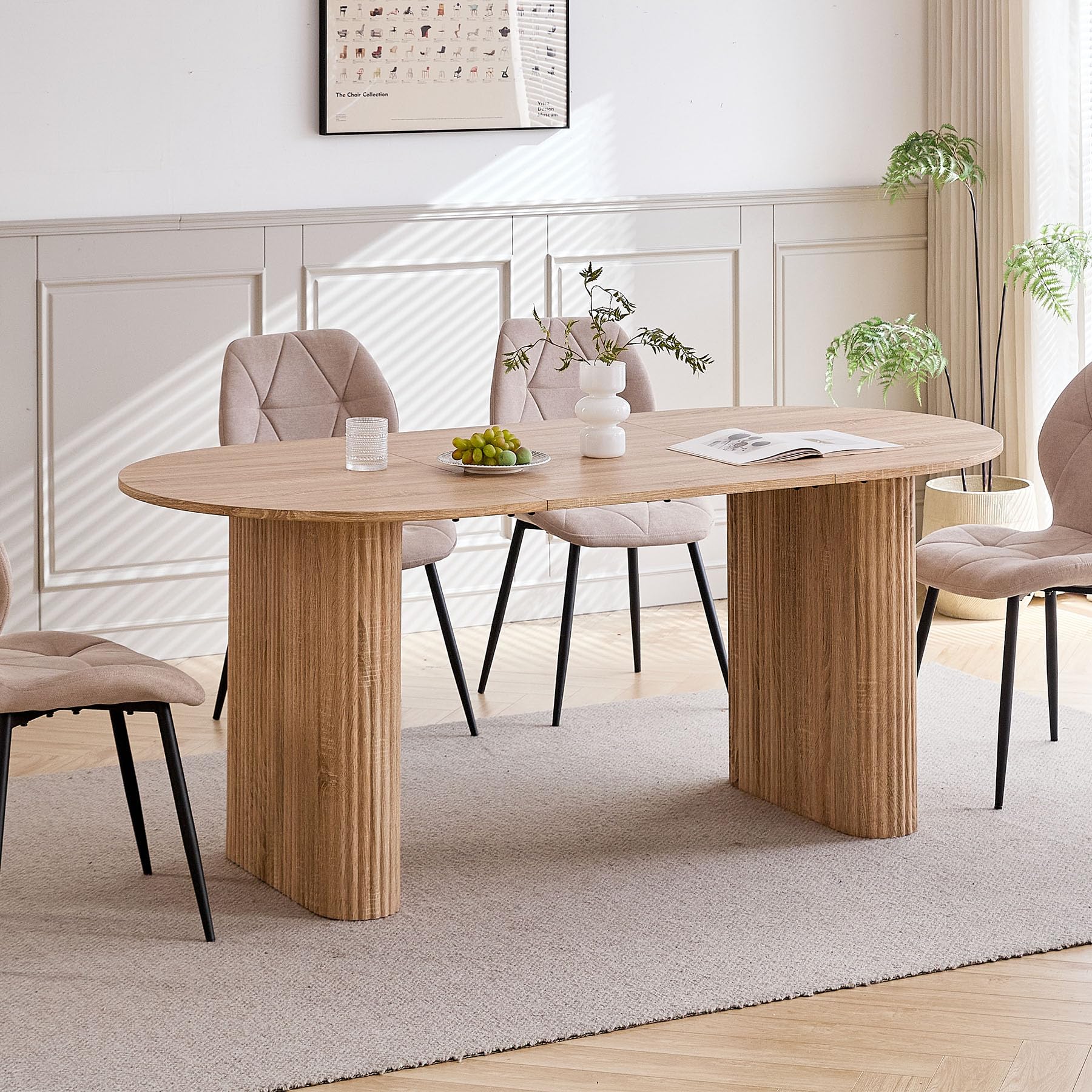 Mesa de Comedor Ovalada de 180 cm para 6-8 Personas, Moderna con Acabado de Veta de Madera y Patas Elípticas Resistentes para Cocina, Comedor y Sala de Reuniones. (Natural)