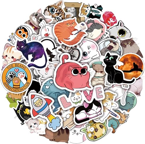 Lindas calcomanías de gato para botellas de agua, 50 unidades/paquete de vinilo impermeable para gatos, portátil, monopatín, álbum de recortes,