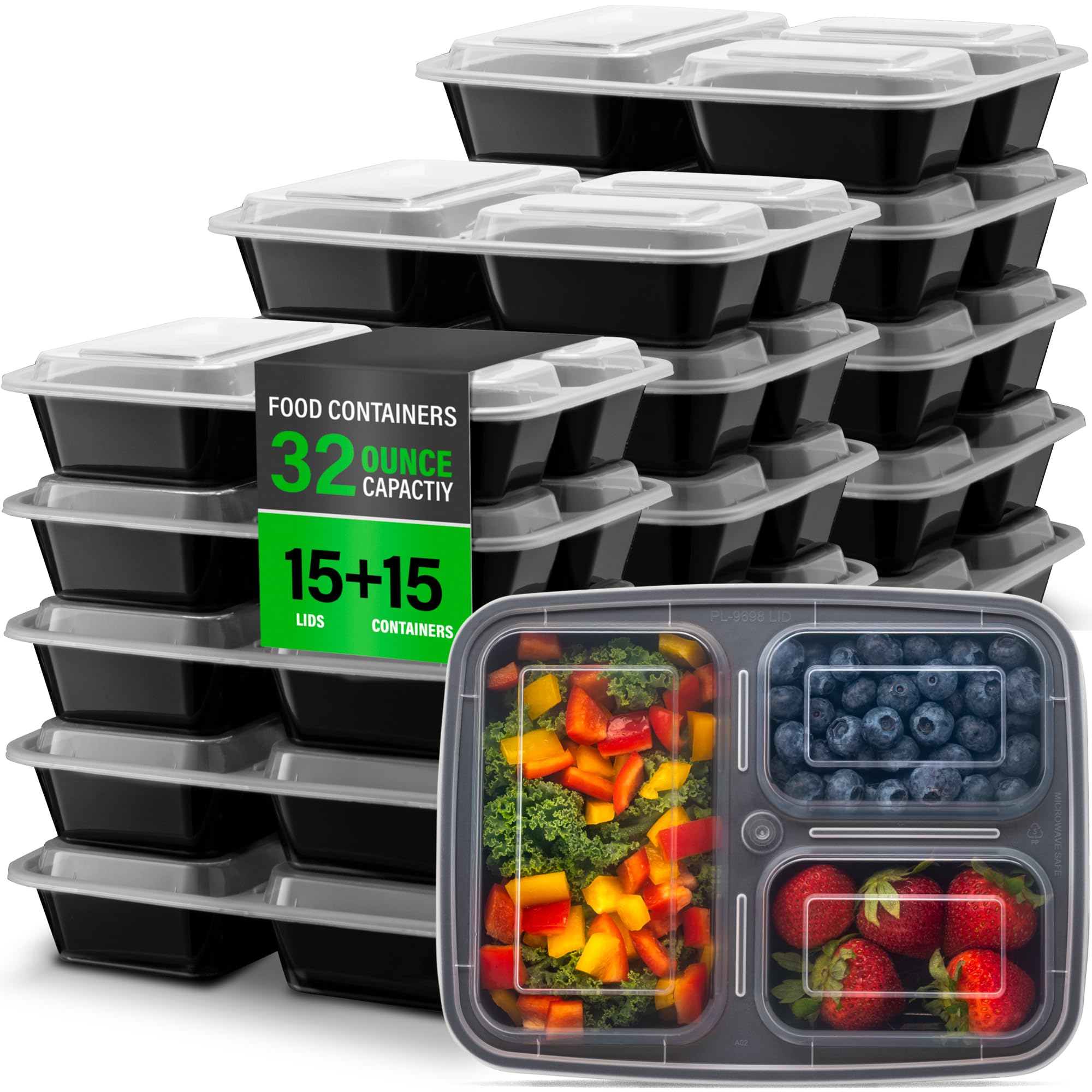 Ez Prepa 15 Pack 32oz 3 Compartment Meal Prep Containers with Lids -Food Storage Containers Plastic, Bento Box, Lunch Containers, Microwavable, Freezer and Dishwasher Safe, Food Containers