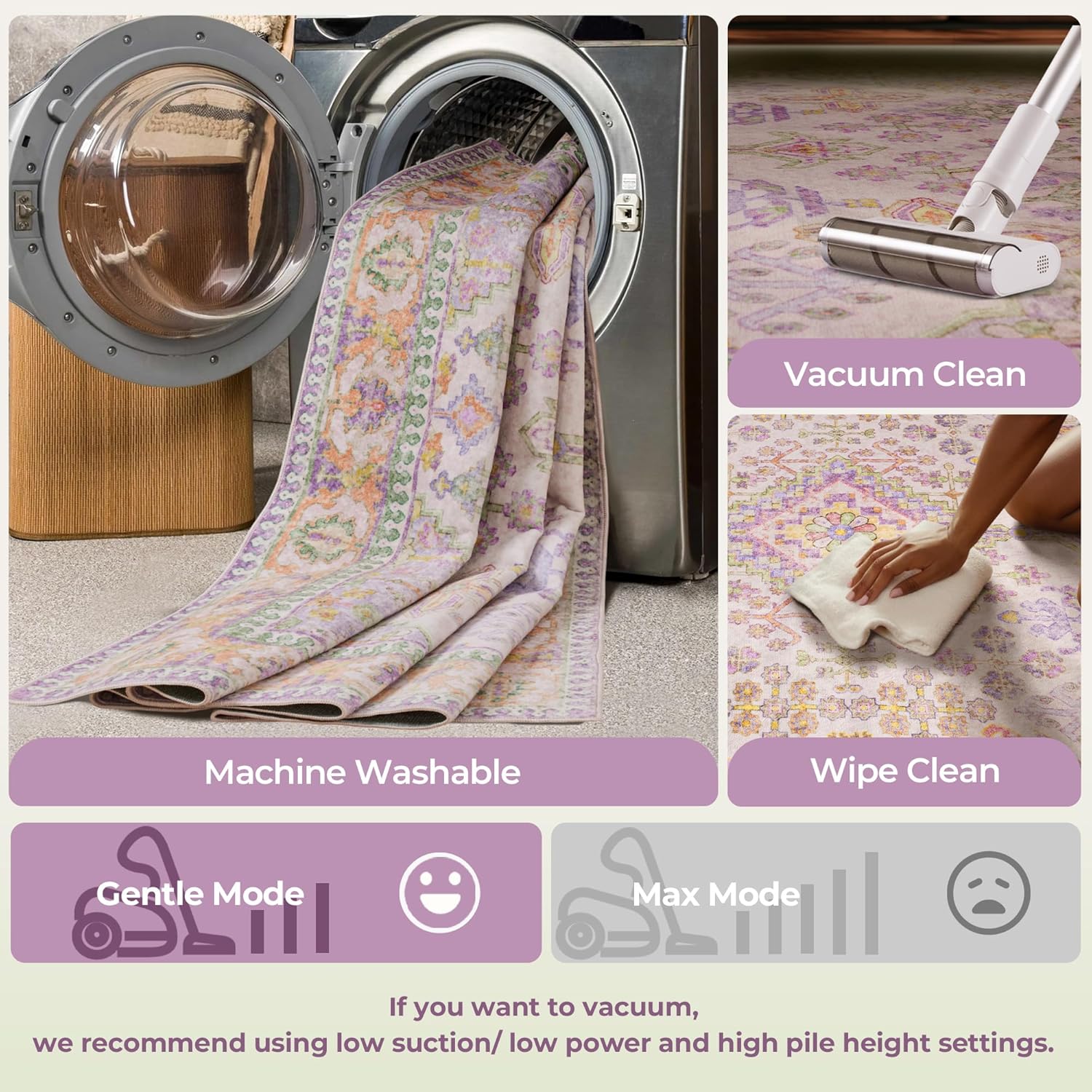 8x10 Area Rugs for Living Room, Machine Washable Low Pile Rug, Non Slip Backing Boho Rugs for Bedroom, Printed Soft Vintage Carpet Lilac Lavender Purple 8 x 10 - Image 7