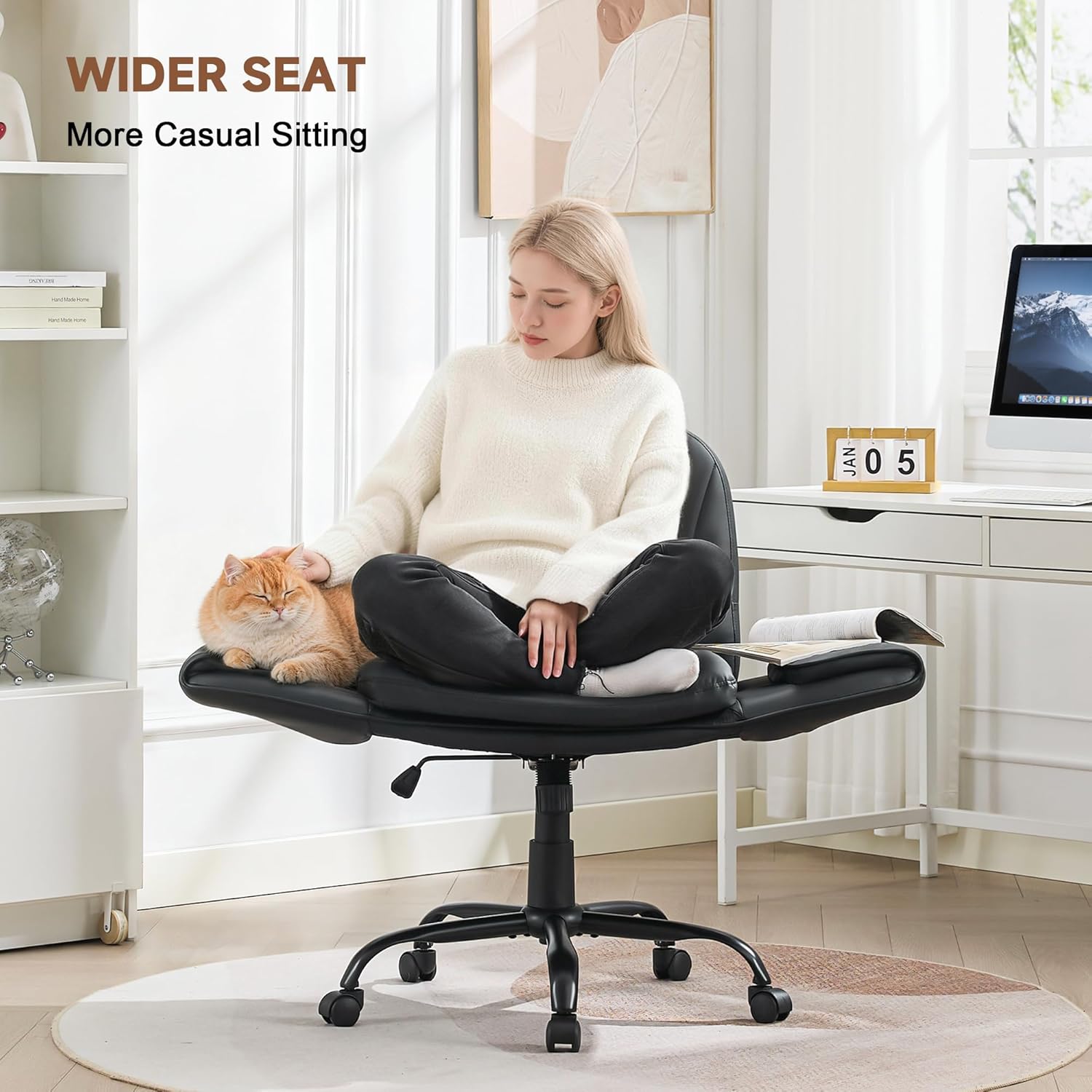 Criss Cross Chair with Armrests & Swivel Wheels, Adjustable PU Leather Desk Chair, Comfortable Swivel Vanity Chair, Computer Office Chair for Home, Bedroom, Office & Makeup(Black)
