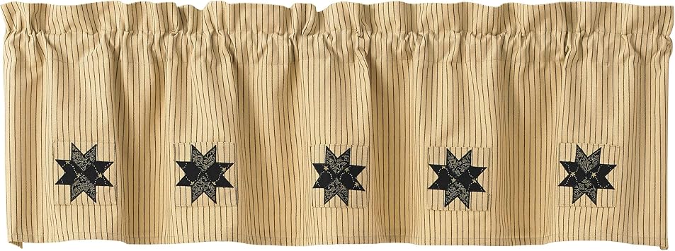 Park Designs 377-47X Carrington Lined Ticking Patch Valance | Cotton | Stripe Design with Primitive Star Patches | Neutral Farmhouse Window Decor