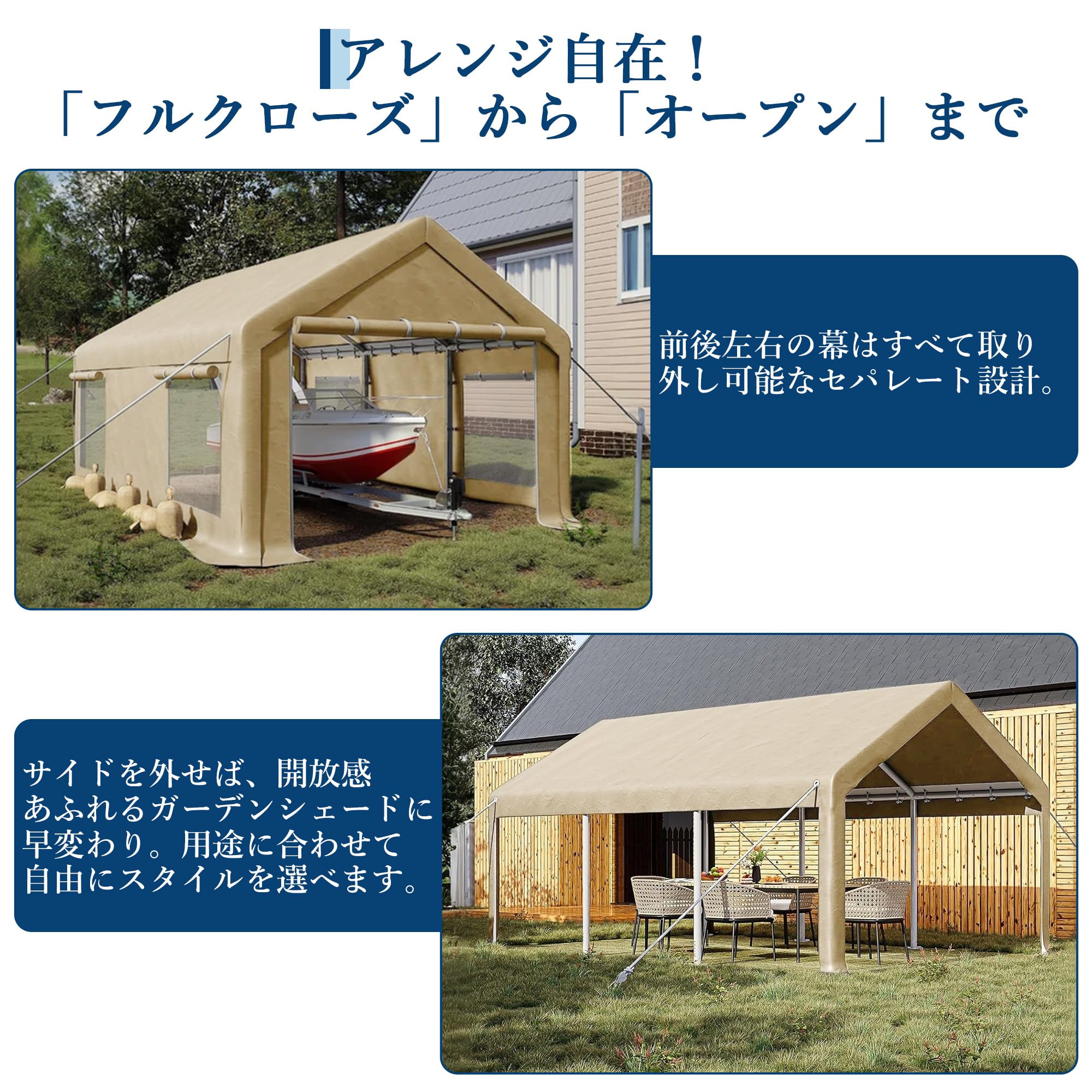 ガレージテント 3×6m 大型車庫テント 日よけ UVカット カーポート 遮熱 通気 パイプ車庫 防水 耐風 雨除け ベージュ | 強風対策 タープテ… — 商品詳細画像 4