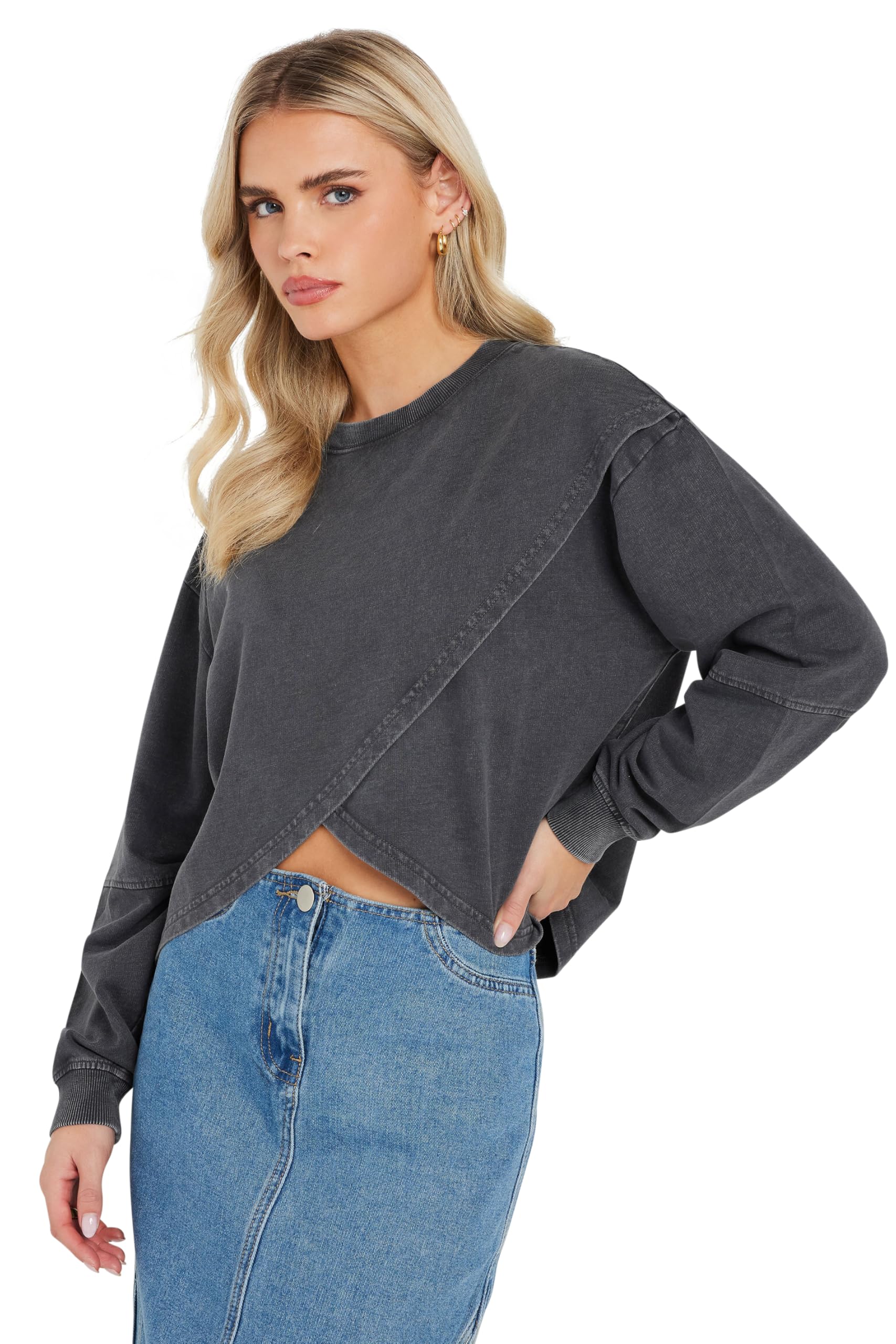 Pixiegirl Women's Grey Petite Acid Wash Cross Over Sweatshirt In | : Size 18