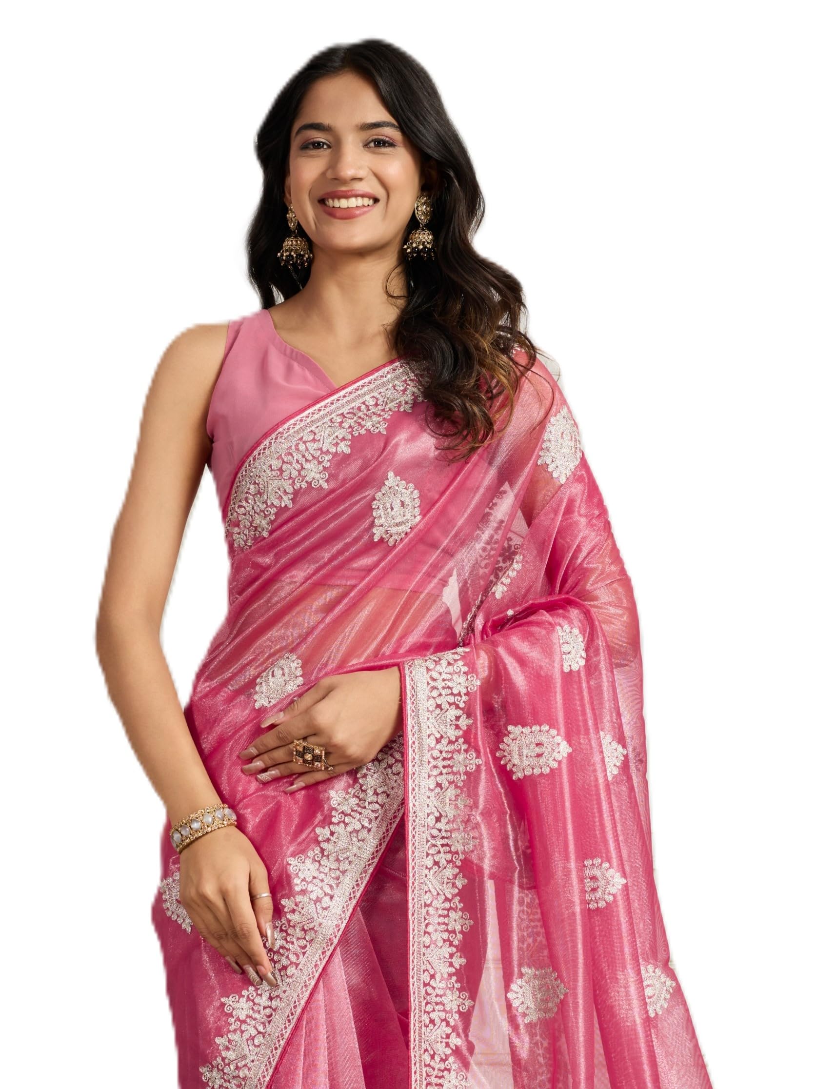 Women's Beautiful Twill Net Embroidery Saree With Unstiched Blouse(6347)-image-36