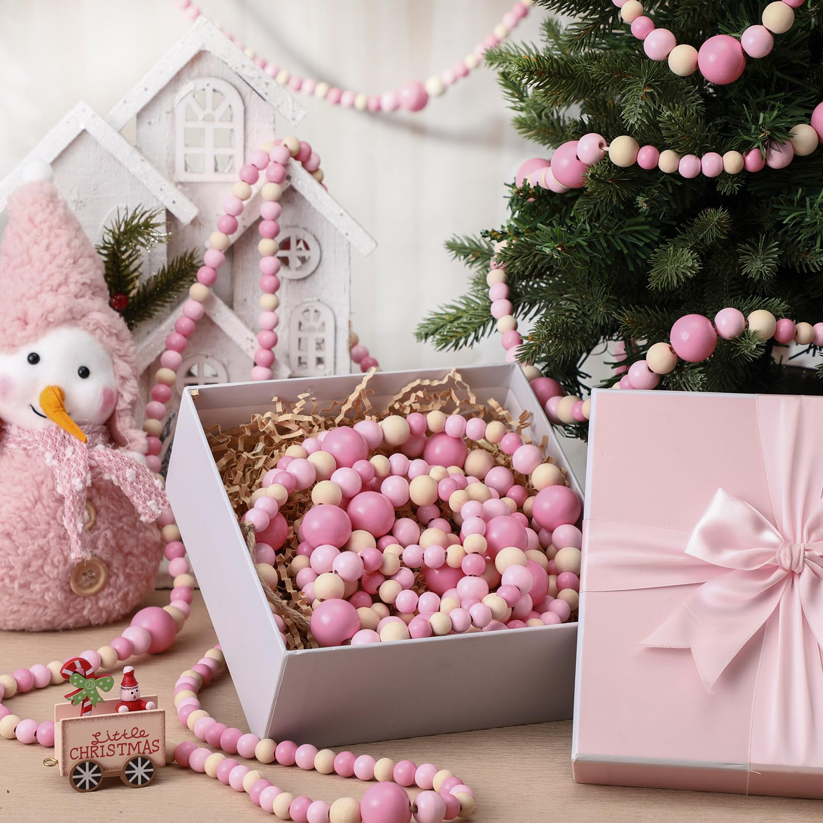 Bucherry Lot de 4 guirlandes de perles en bois de Noël de 8 m de style bohème et rustique, décoration d'intérieur à suspendre pour mur de sapin de Noël, 2,5 m (blanc, rose)