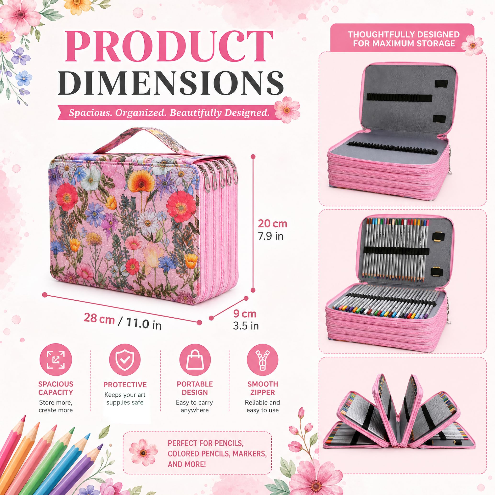 Estuche de lápices de Colores con Cremallera de 5, Organizador de lápices de Colores, Ranuras, Bolsa Floral con asa Reforzada para el hogar, la Escuela, la Oficina, galerías de Arte