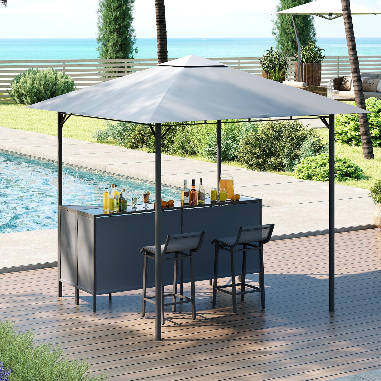 COSTWAY Tonnelle de Bar de Patio en 3 Pièces 245 x 245 CM avec 2 Tabourets de Bar, Abri Barbecue Double Toit Table de Bar en Verre Trempé Étagère de Rangement Porte-Verres à Vin, pour Fêtes (Gris)