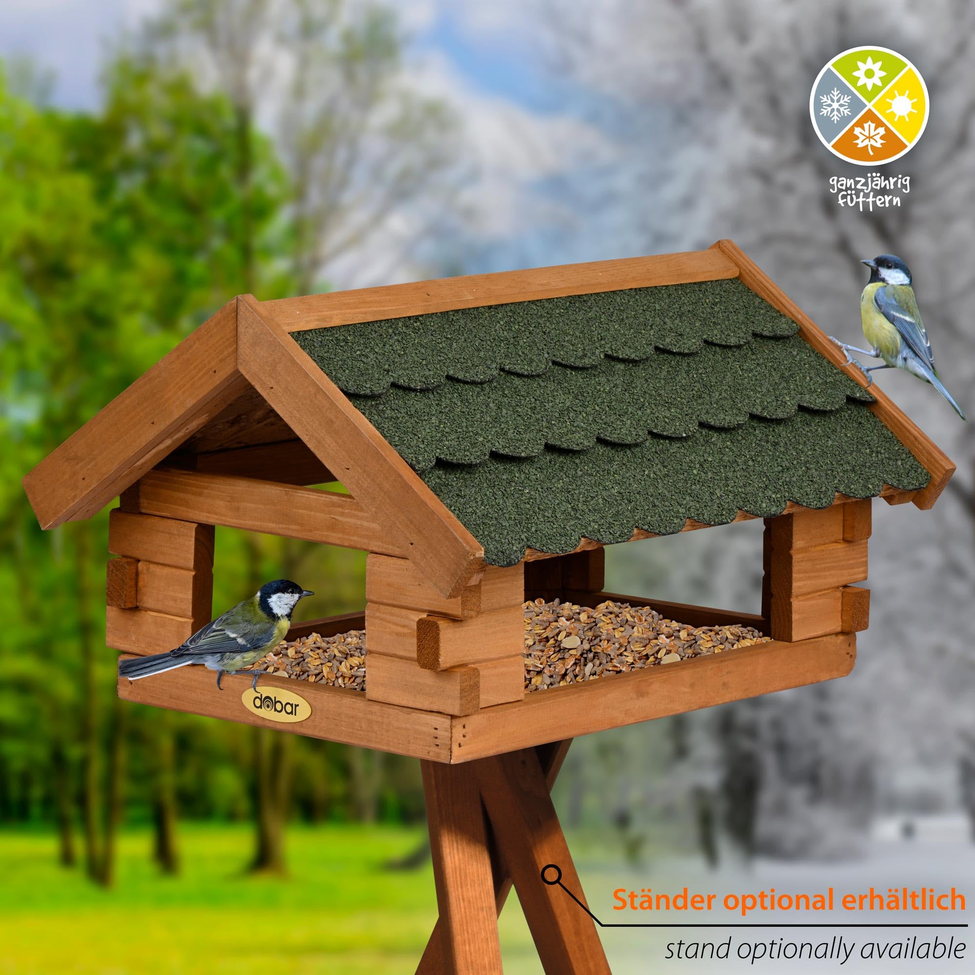 dobar® Vogelhaus Blockhaus mit Bitumendach - Vogelfutterhaus aus Holz wetterfest lasiert - Futterstation für Wildvögel stehend für Ständer - Grün