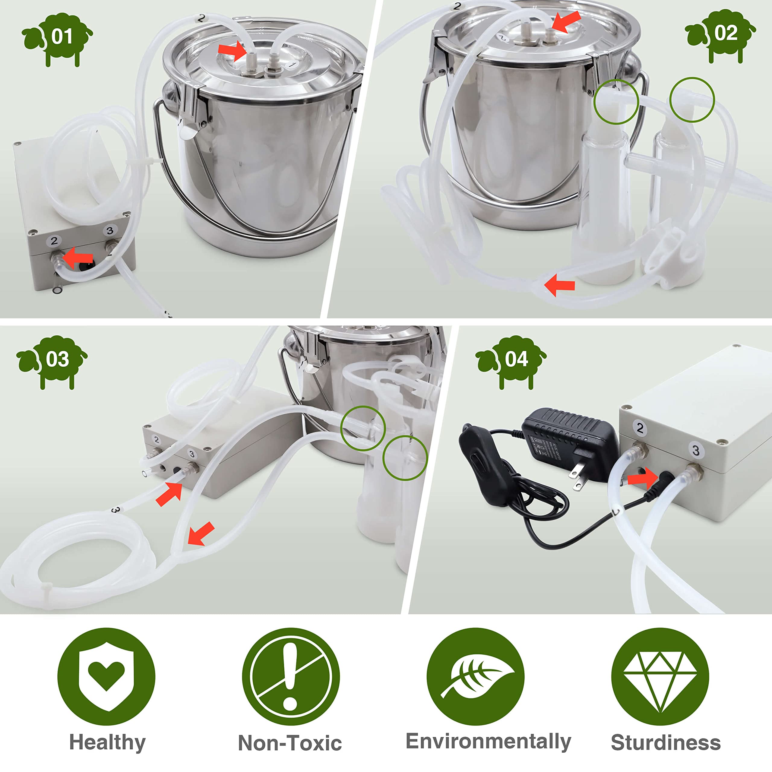 Electric Goat Milking Machine - 3L Stainless Steel Bucket, 2 Teat Cups, Portable For Small Farms