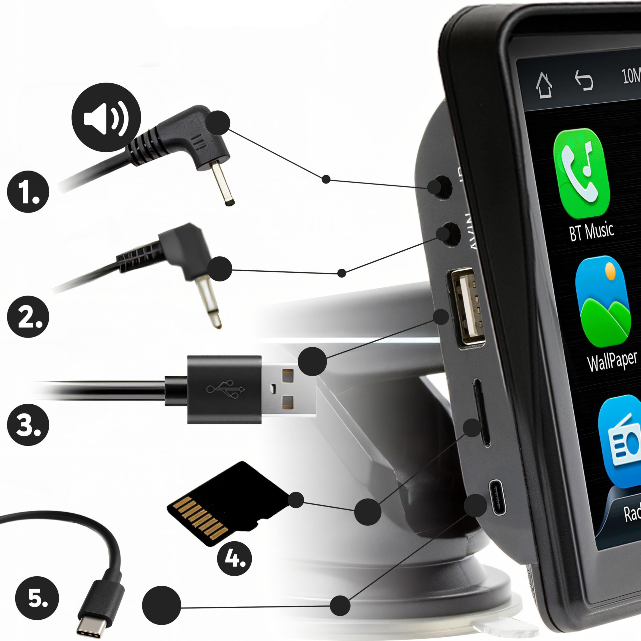 Retoo Carplay Display 7 Zoll, Multimediastation, Android Auto, Schwarz