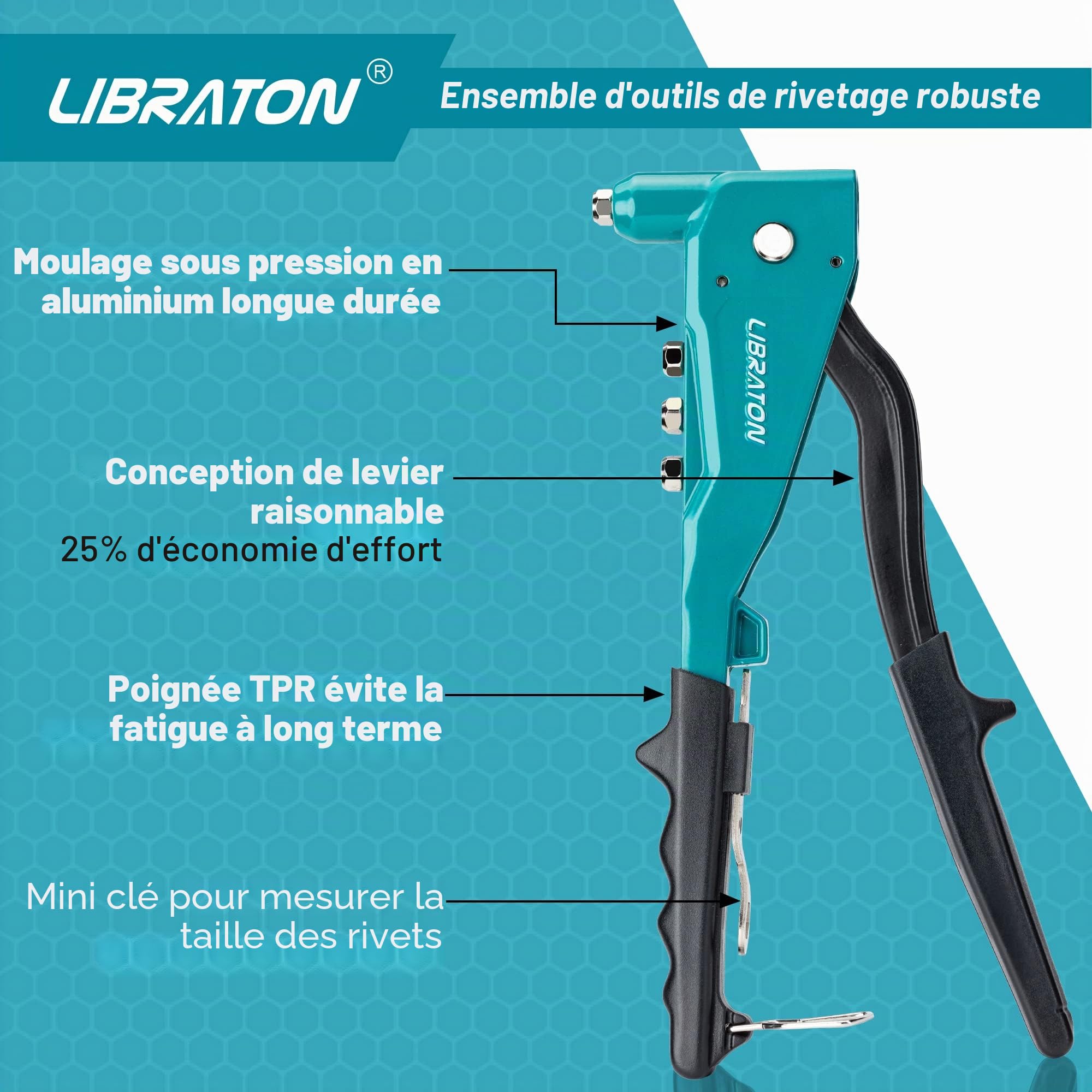 Libraton Pince à rivets aveugles, Riveteuses pour rivets aluminium et acier, Kit professionnelle de pinces à riveter robuste, Pince de rivetage avec 100 rivets et 4 perceuses de HSS