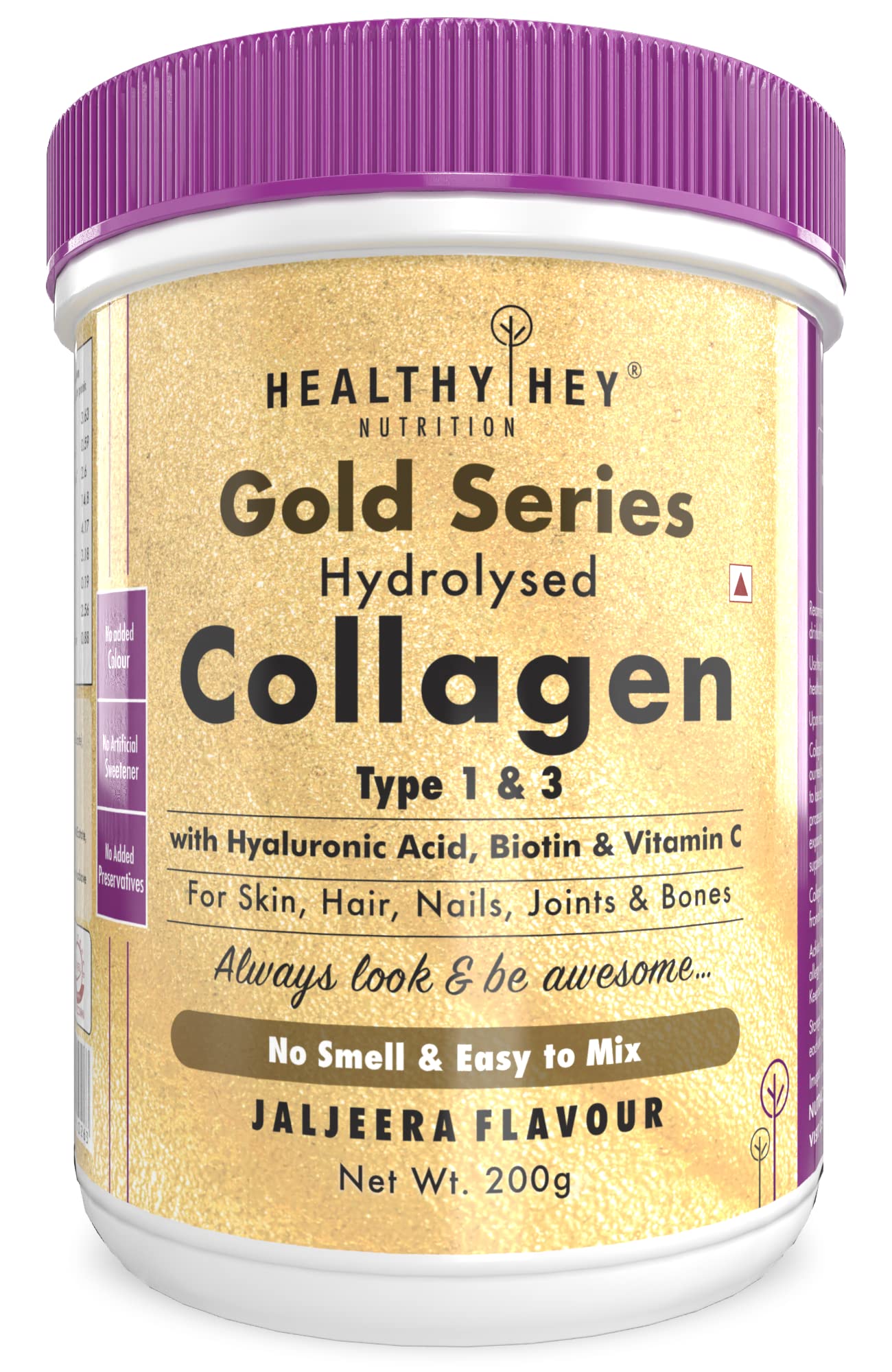 HealthyHey NutritionCollagen Gold Series with Hyaluronic Acid & Vitamin C - No Smell - Easy to Mix - No Added Sugar Or Sweetner - For Skin, Hair & Nails (Jaljeera, 200gm) (Jaljeera)