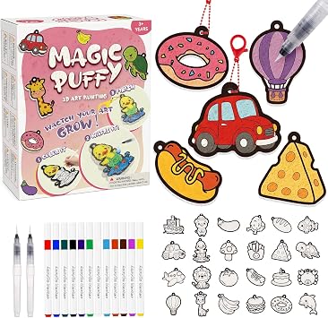 Magic Puffy 3D Art Kit,Magic Foam Texture Painting Keychain Kit for kids,DIY Coloring Crafts, Mess Free Creative Gift for Girls & Boys Ages 4 5 6 7 8 9 10