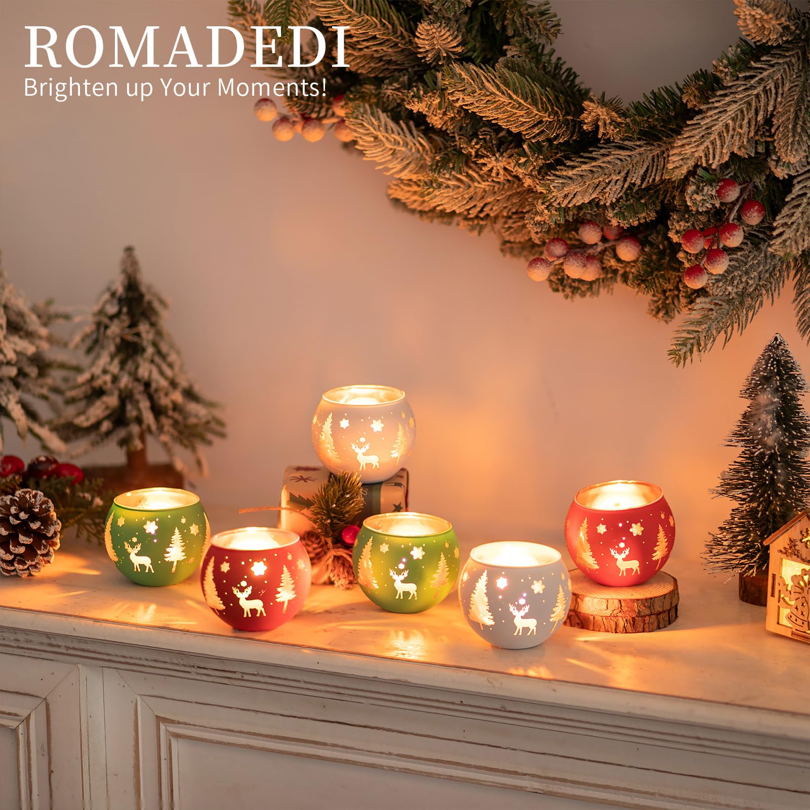 Romadedi Juego de 6 portavelas votivos para decoración de Navidad, portavelas de cristal, luz de té, café, mesa de cena, centro de mesa, decoración de Navidad, hogar, fiesta, vacaciones