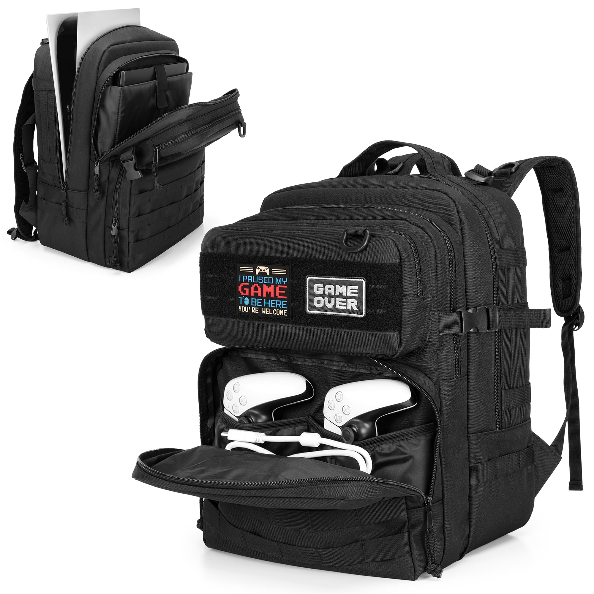 PGmoon Tactical Game plecak kompatybilny z konsolą PS5/PS5 Slim / PS4, podróżna torba do przenoszenia, torba do przechowywania laptopa 15,6", przenośnego monitora, kontrolera, zestawu słuchawkowego i