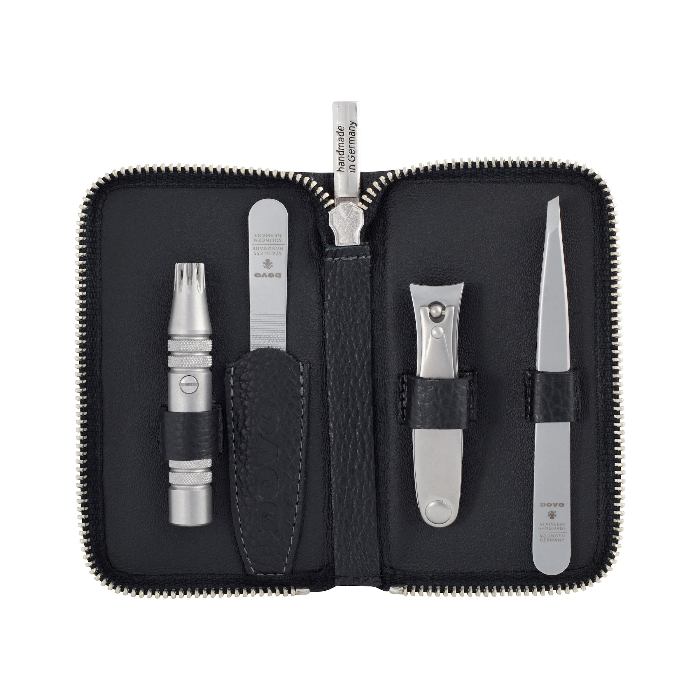 DOVO Set 4 - Luxus Pflegeset mit Nagelschere, Klipette Nasenhaarschneider, Pinzette und Nagelfeile im Lederetui