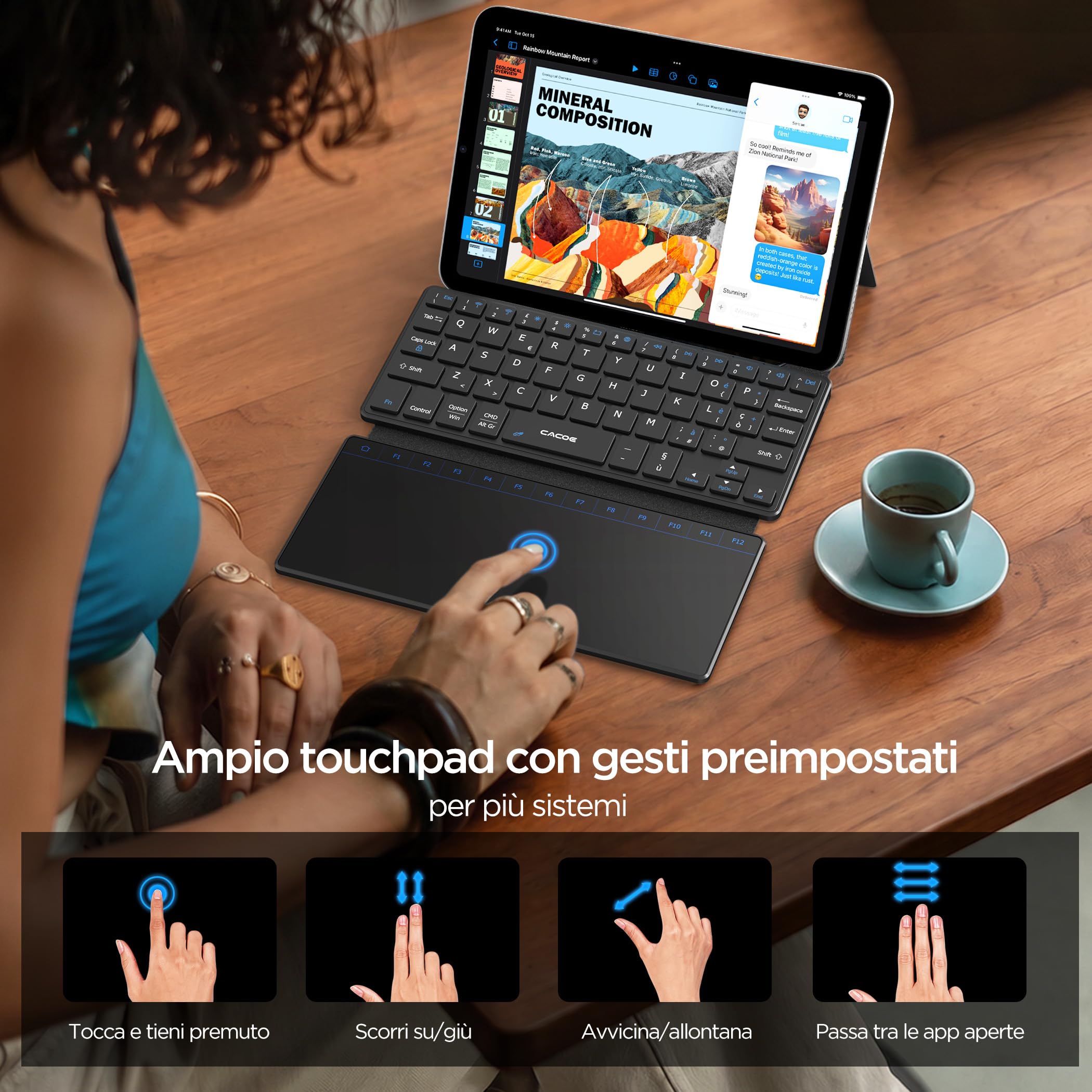 CACOE Mini Tastiera Bluetooth a Doppio Canale con Touchpad | Wireless Tastiera per QWERTY, Ultra-Sottile e Portatile con Supporto per Smartphone (iOS, Android, Windows), Nera