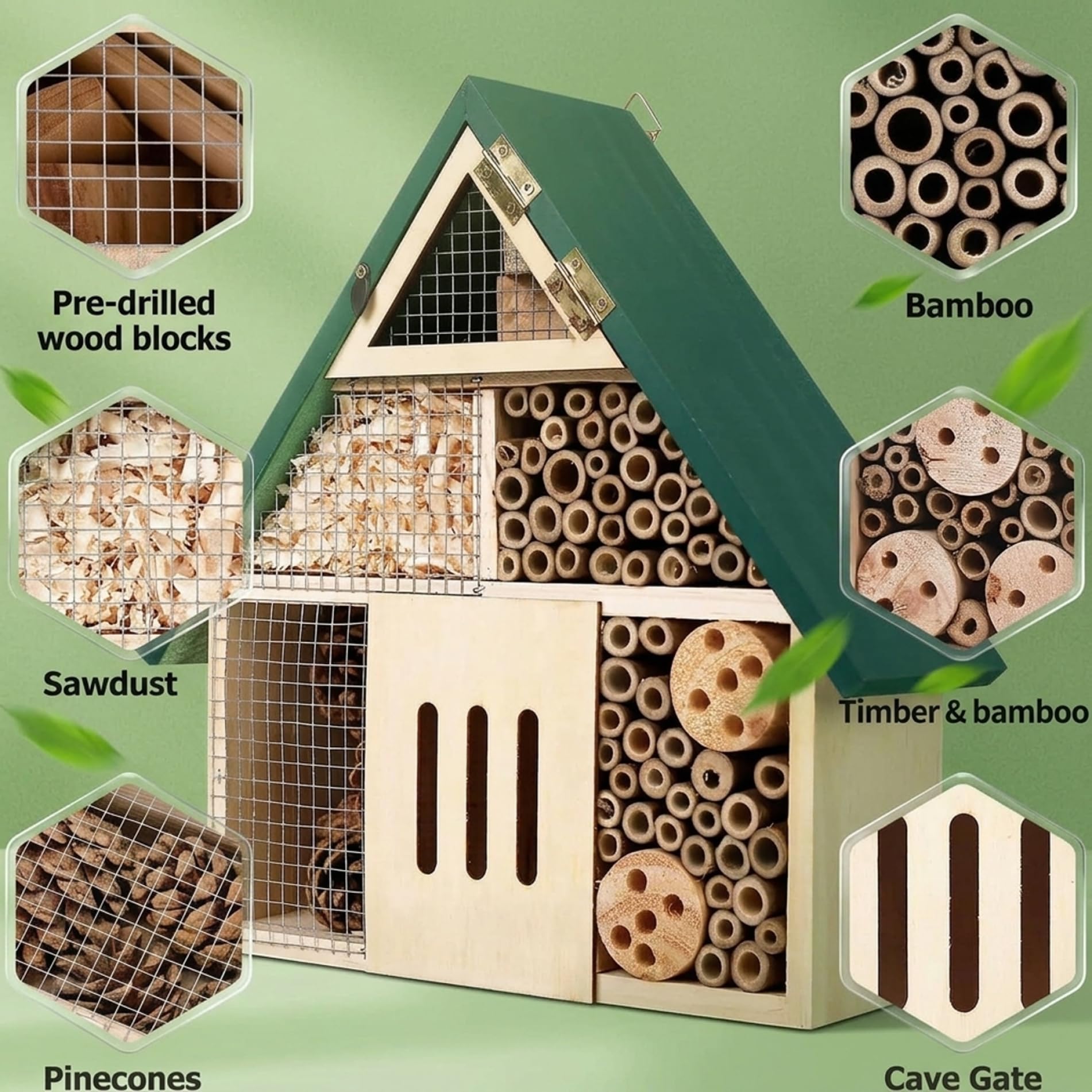 Casetta per carpentiere casette per da giardino hotel per insetti in legno naturale con tetto verde habitat sospeso per muratrici e insetti utili per esterni