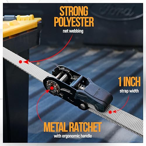 Miniatura 2 de FORTEM Correas de trinquete, resistencia a la rotura de 2300 libras, paquete de 4 correas de amarre de 15 pies x 1 pulgada, 4 bucles suaves, correas