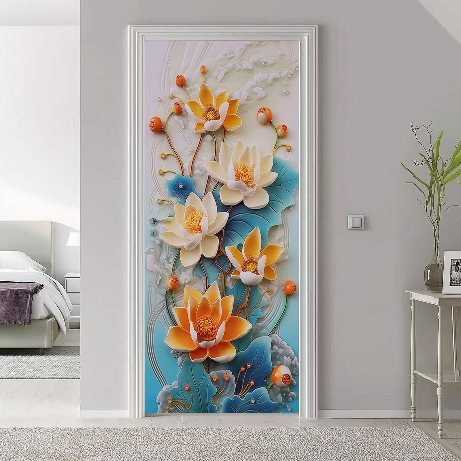 Floreale Lotus - Poster adesivo da parete, autoadesivo, motivo 3D cinese, piante foglie, blu adesivi per porta in PVC, per camera da letto, soggiorno, cucina, 95 x 215 cm