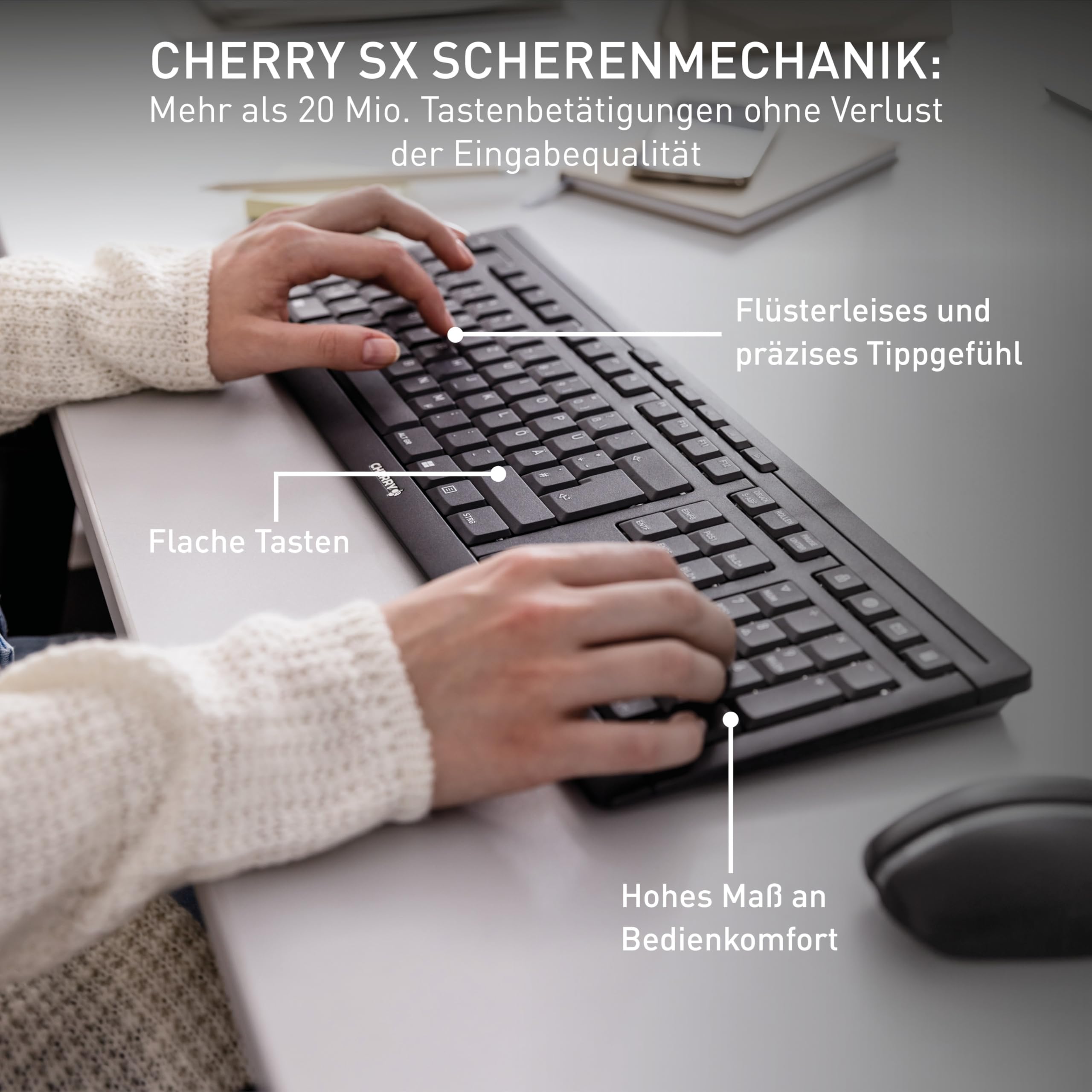 CHERRY Stream Desktop, Kabelloses Tastatur- und Maus-Set, Deutsches Layout (QWERTZ), 2,4 GHz Funk, Leiser Tastenanschlag, Batteriebetrieben, Schwarz