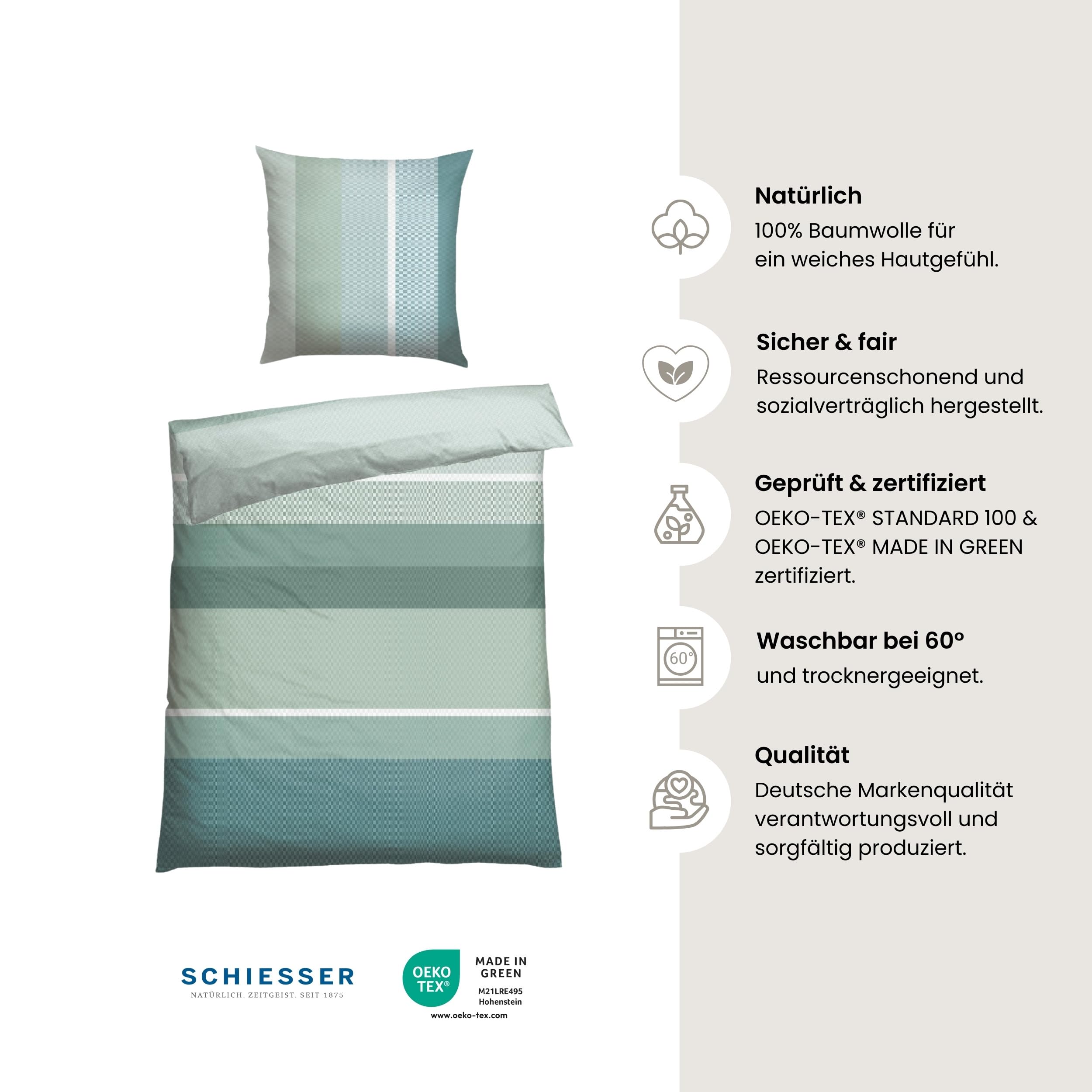 Schiesser Bettwäscheset Endy Stripes - Renforcé - 2-teilig - 155 x 220 cm - Grün
