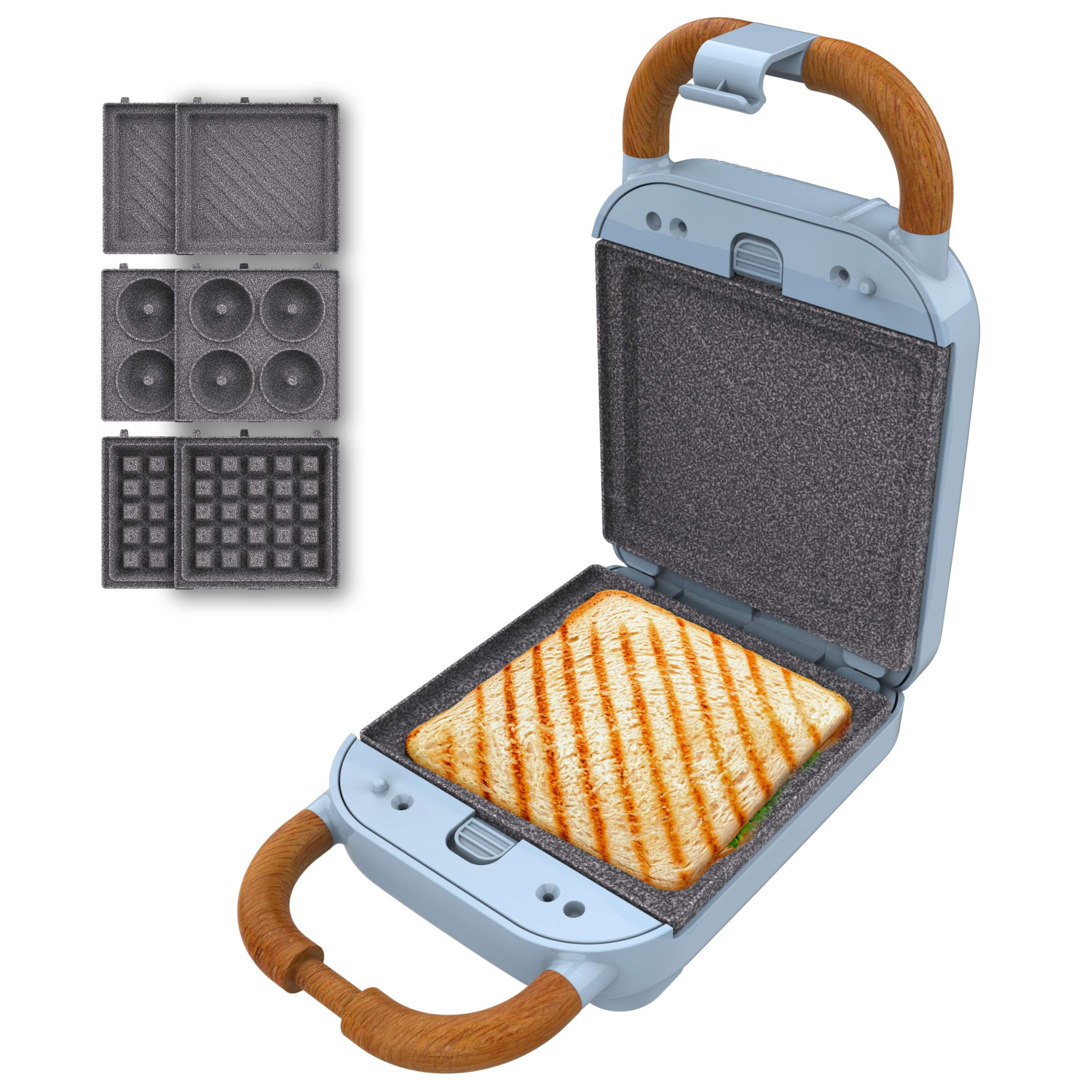 Cecotec Sandwichmaker Vintage Rock'Ntoast Retro One Blau. 700W, 3 austauschbare Platten, Retro-Design, Rockstone-Beschichtung, Leuchtanzeige, rutschfeste Basis, kühler Griff, Verschlusszange