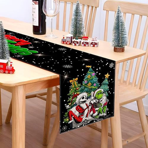 Miniatura 4 de Sunwer Camino de mesa con texto en inglés "Merry Christmas" Jack Skellington The Nightmare Before Christmas Winter Holiday Party para interiores y