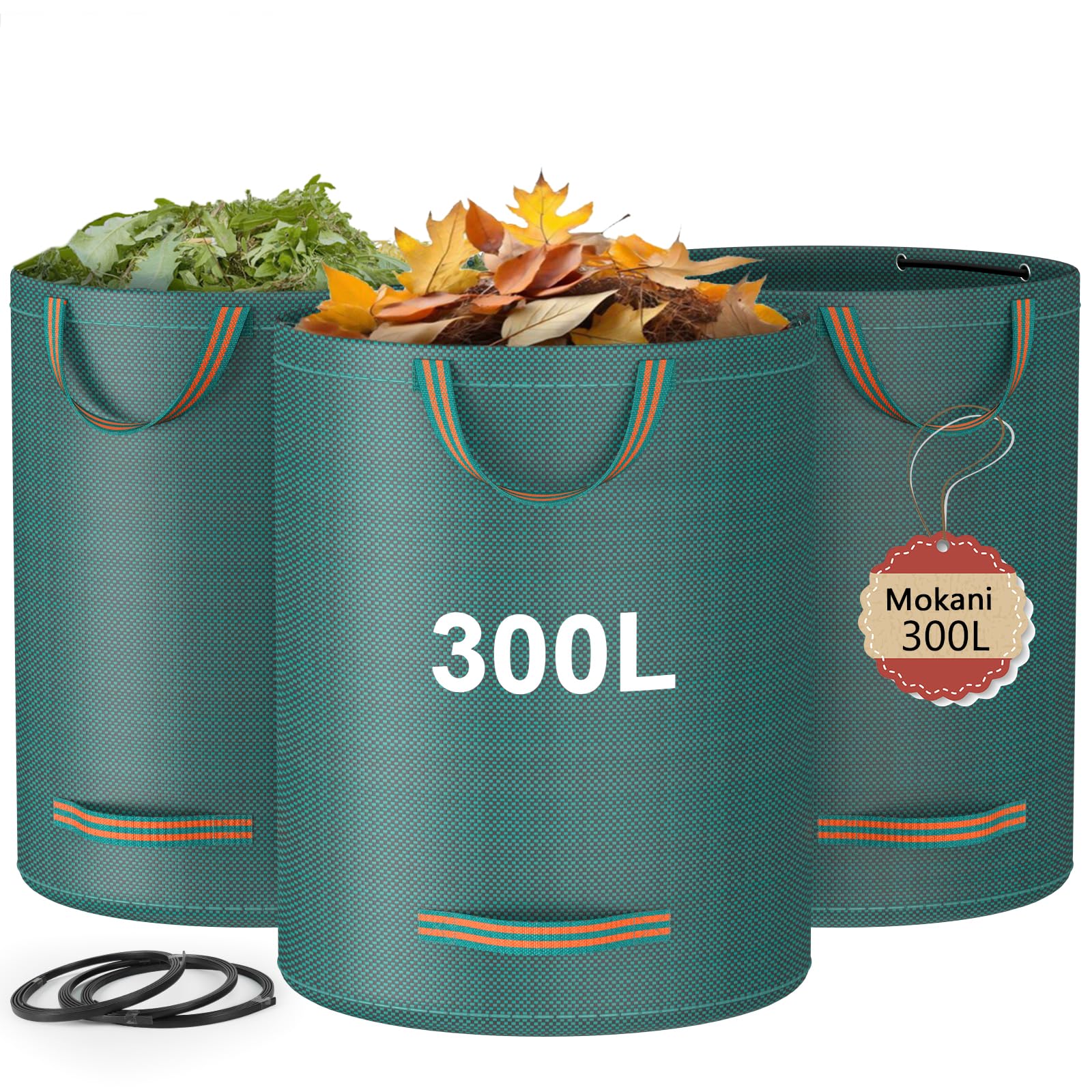 Mokani Bolsas de basura de jardín, 300 L x 3 bolsas de jardín resistentes con asas, sacos de jardín reutilizables, bolsas de reciclaje plegables para camping, hojas, basura, desechos, bolsas de basura