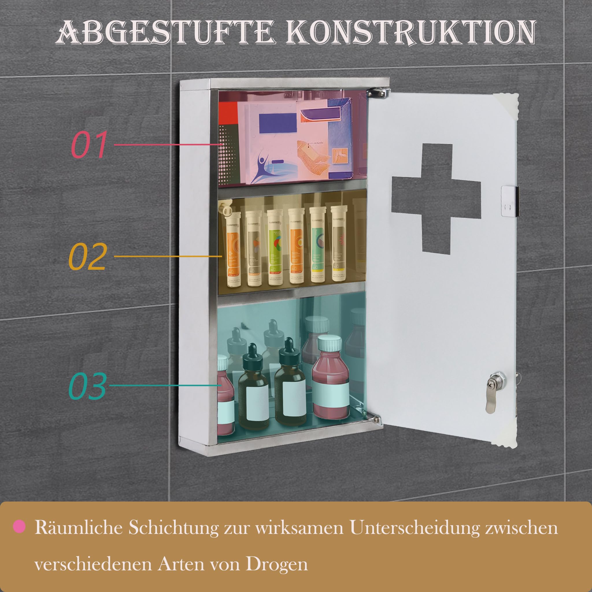 HENGMEI Armoire à Pharmacie Verrouillable à 6 Compartiments avec Porte en Verre Dépoli pour Produits Pharmaceutiques, Médicaments 30 x 12 x 50 cm