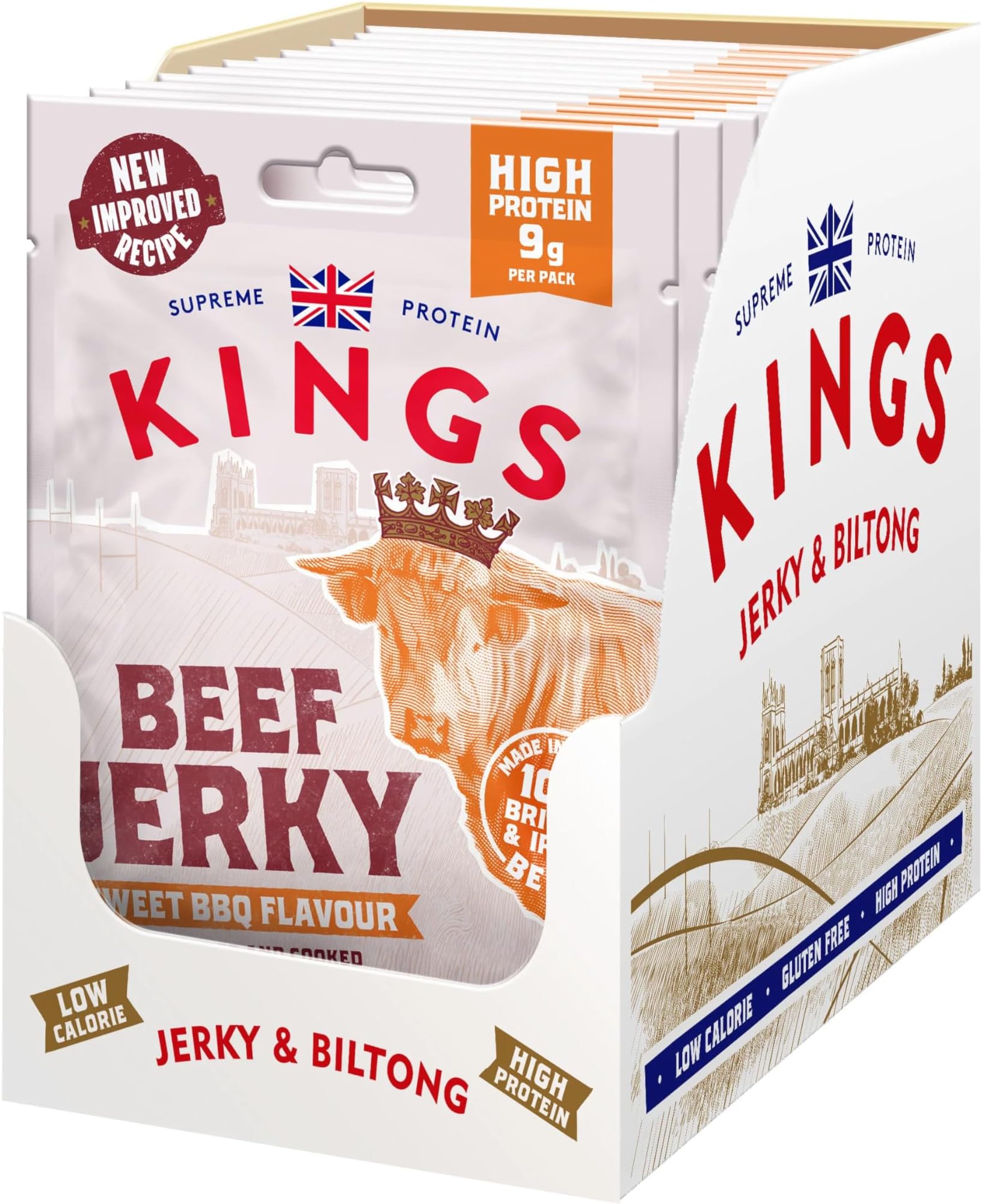 – Kings - Beef Jerky - Sweet BBQ Flavour - High Protein Snacks, Marinated and Cooked Meat - Bulk Box of 12 x 25 g Packs