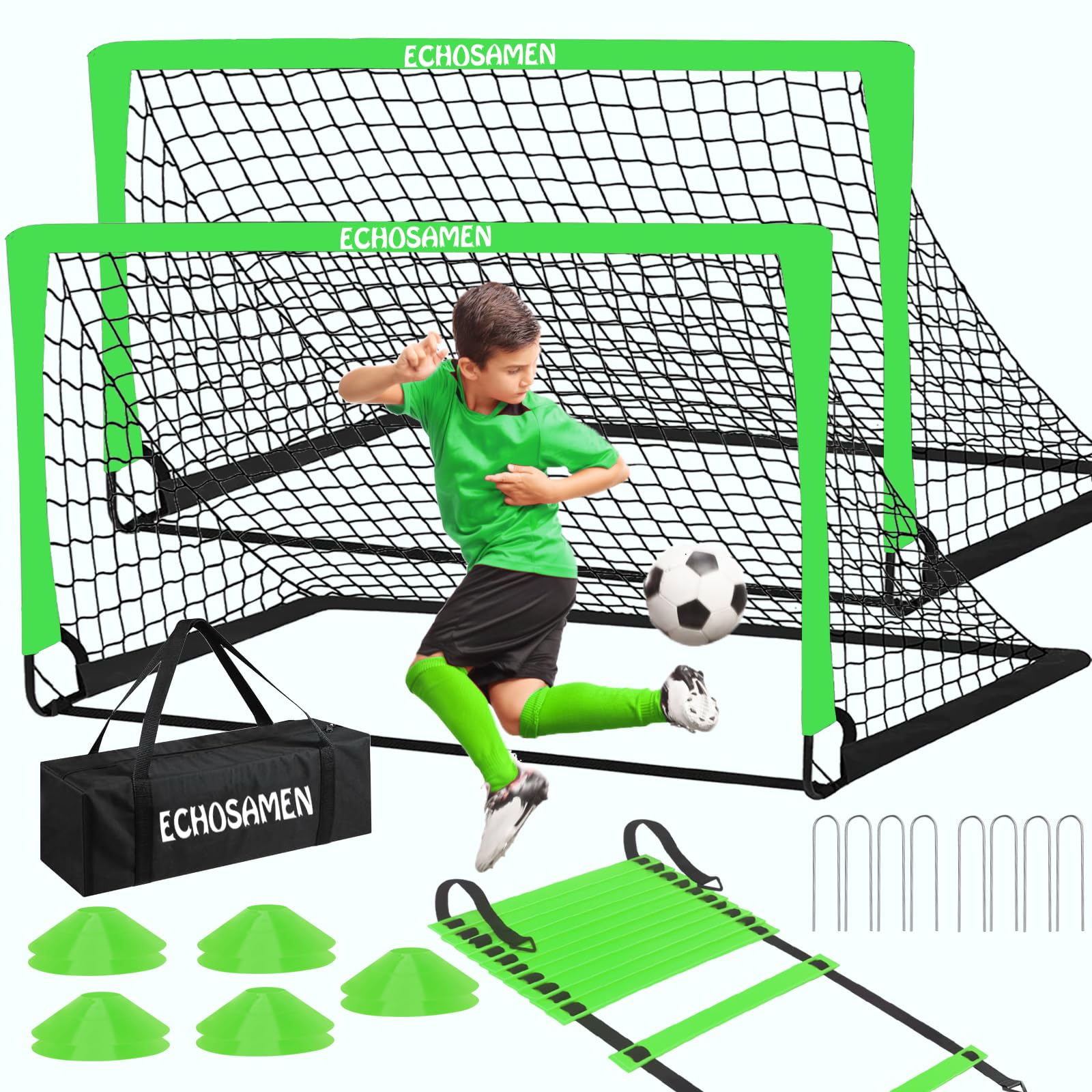 Kids Soccer Goals for Backyard, 2 of 6 x 4 ft Kids Soccer Goal Set Soccer Net with 10 Soccer Cones, Agility Ladder & Carry Bag, Portable Soccer Training Equipment, Suitable Soccer Goal for Kids 1-15