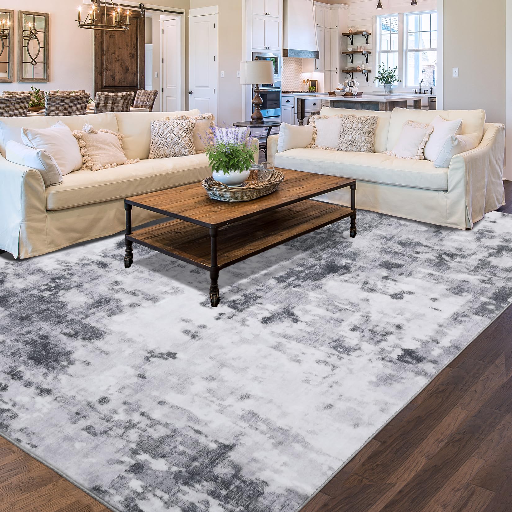 Machine Washable Area Rugs 8x10 Modern Abstract Living Room Rug, Soft Low Pile Indoor Carpet with Non-Slip Backing, Stain Resistant Contemporary