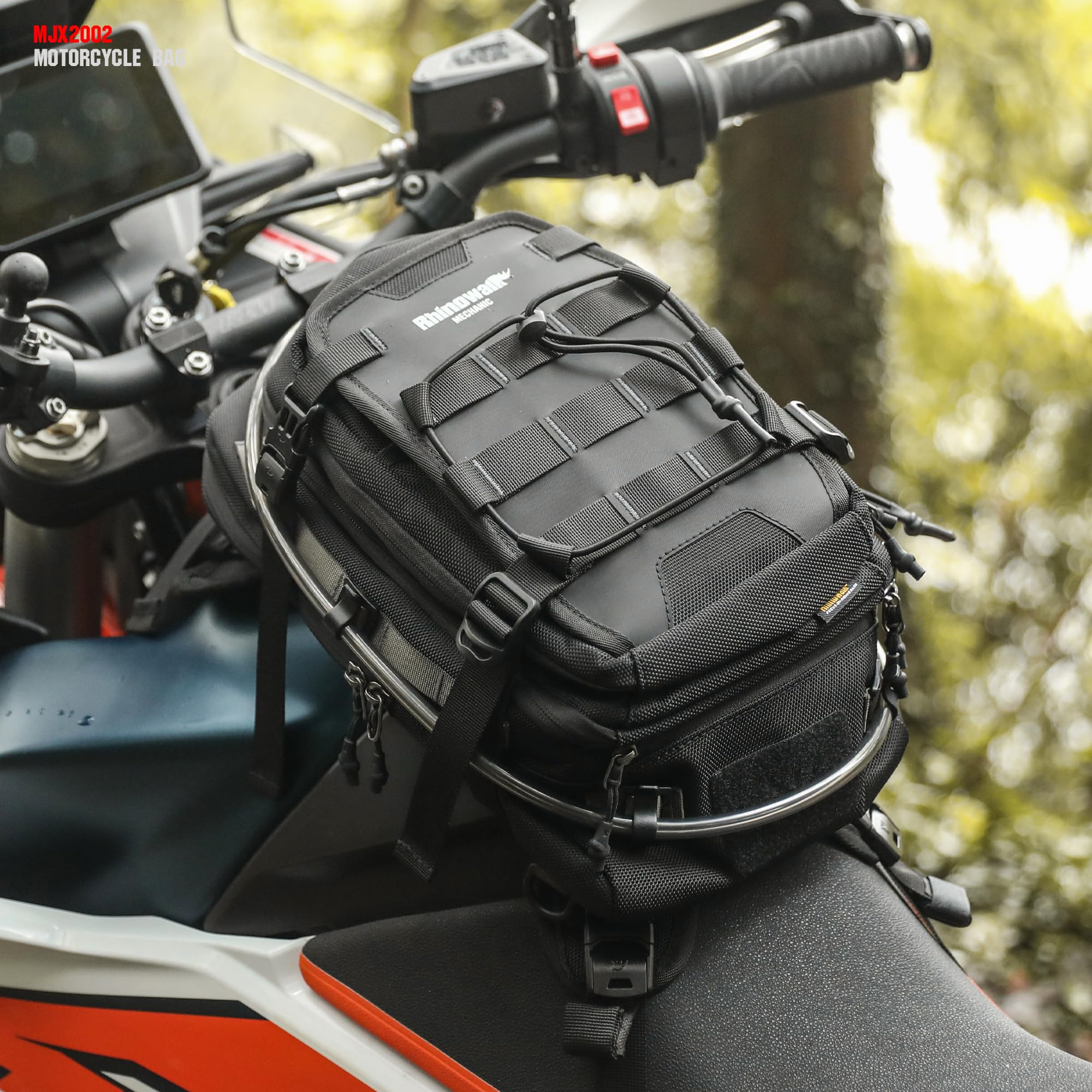 Rhinowalk Torba na zbiornik motocyklowy, plecak motocyklowy z bukłakiem na wodę 1,5 l, system MOLLE, pasuje do Honda, Yamaha, Suzuki, Kawasaki, Harley, czarna