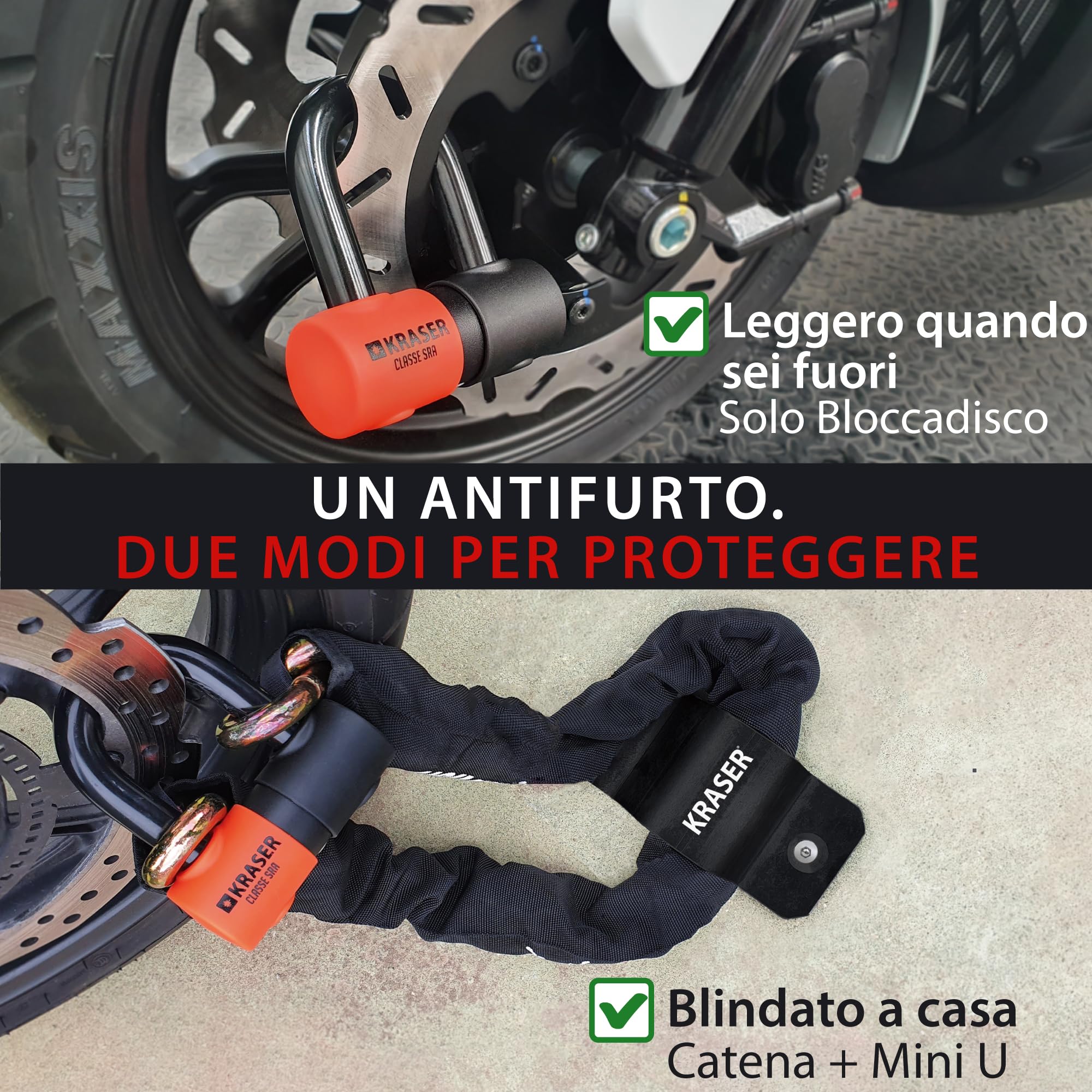 KRASER KR50100 Catena Moto Antifurto Blocco Disco Omologato SRA Set Mini U Solid Ø18, Incatenato 100 cm Ø13.5 Anelli, Multifunzione Alta Sicurezza Motociclo Motorino