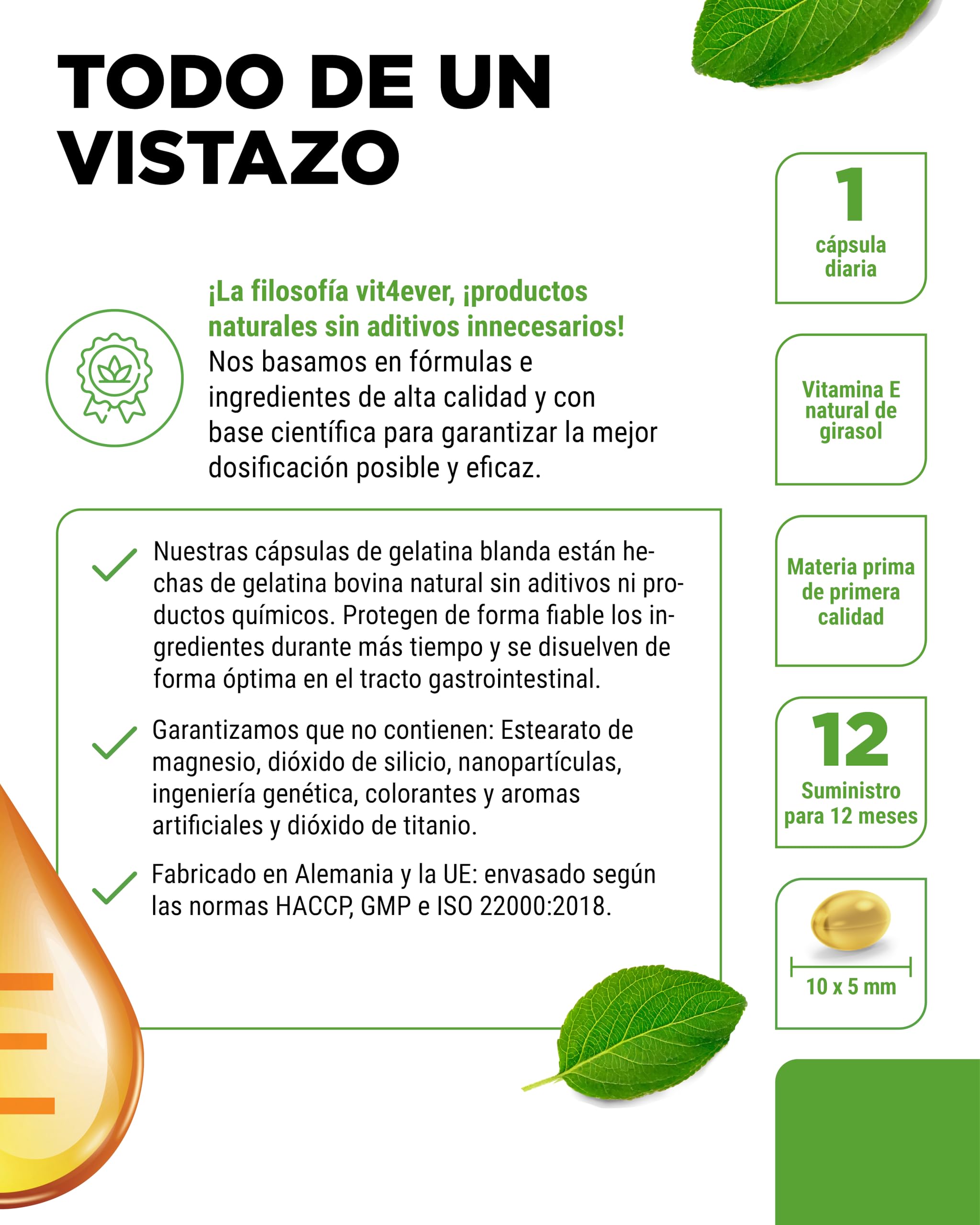 Vitamina E 400 U.I. natural - 365 cápsulas blandas - premium: vitamina E natural de girasol - suministro para 12 meses - dosis alta