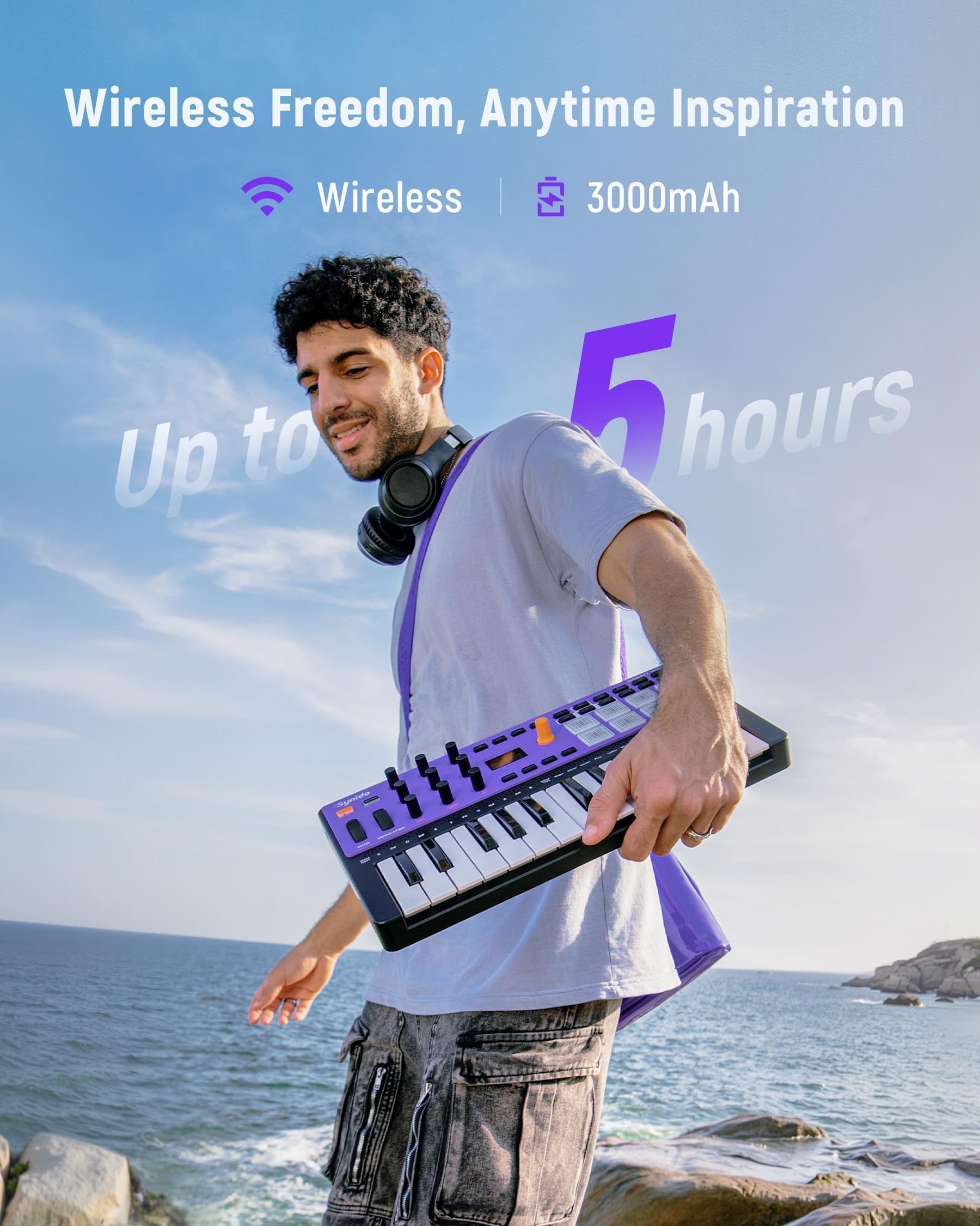 Synido TempoKEY W25 Clavier contrôleur MIDI USB C 25 touches Connexion sans fil rechargeable avec 8 pads RVB Velocity Écran OLED, MIDI In/Out/Thru, Clavier MIDI professionnel pour production musicale
